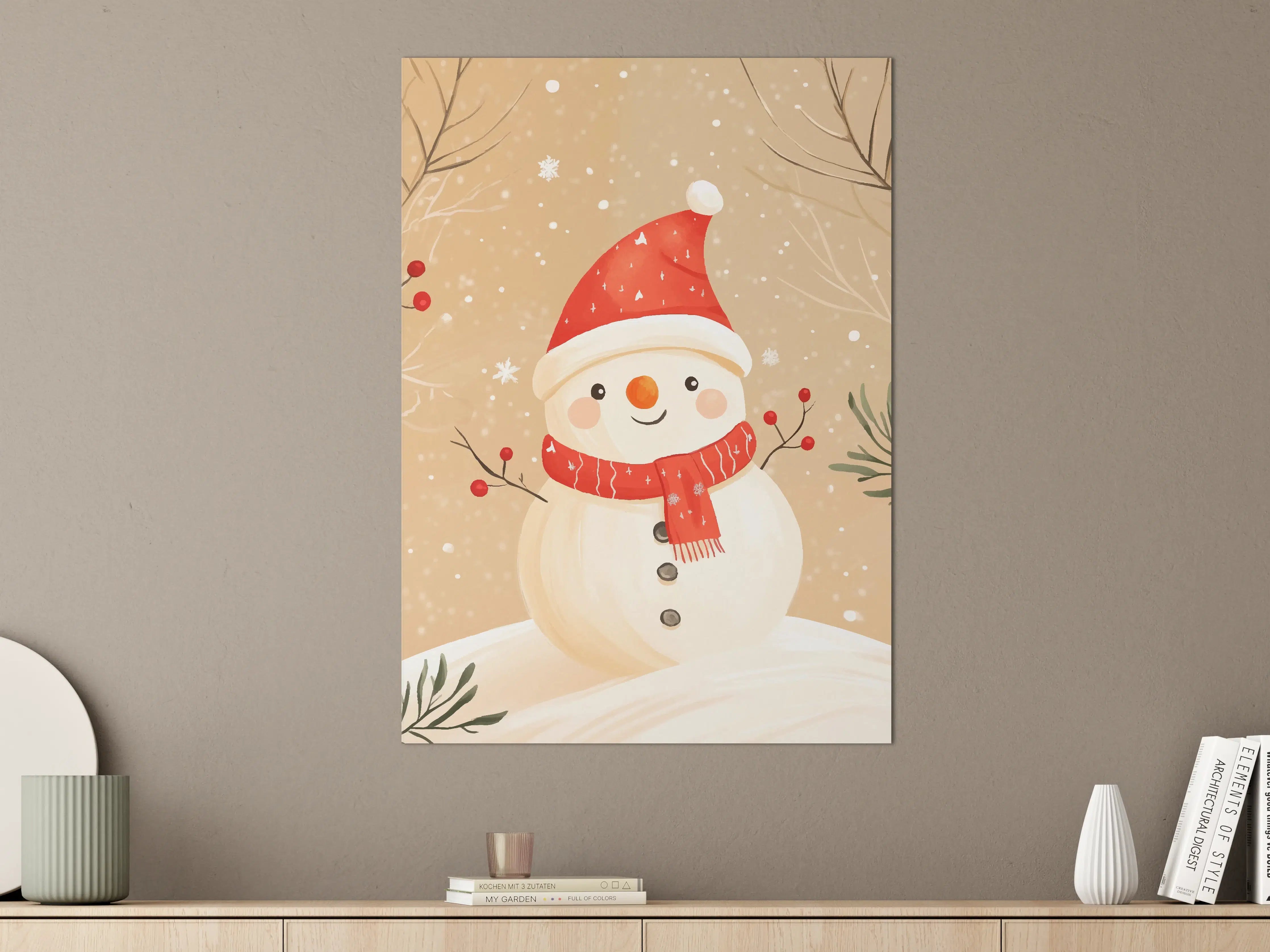 Große Wandbilder - Fröhlicher Schneemann mit roter Mütze und Schal