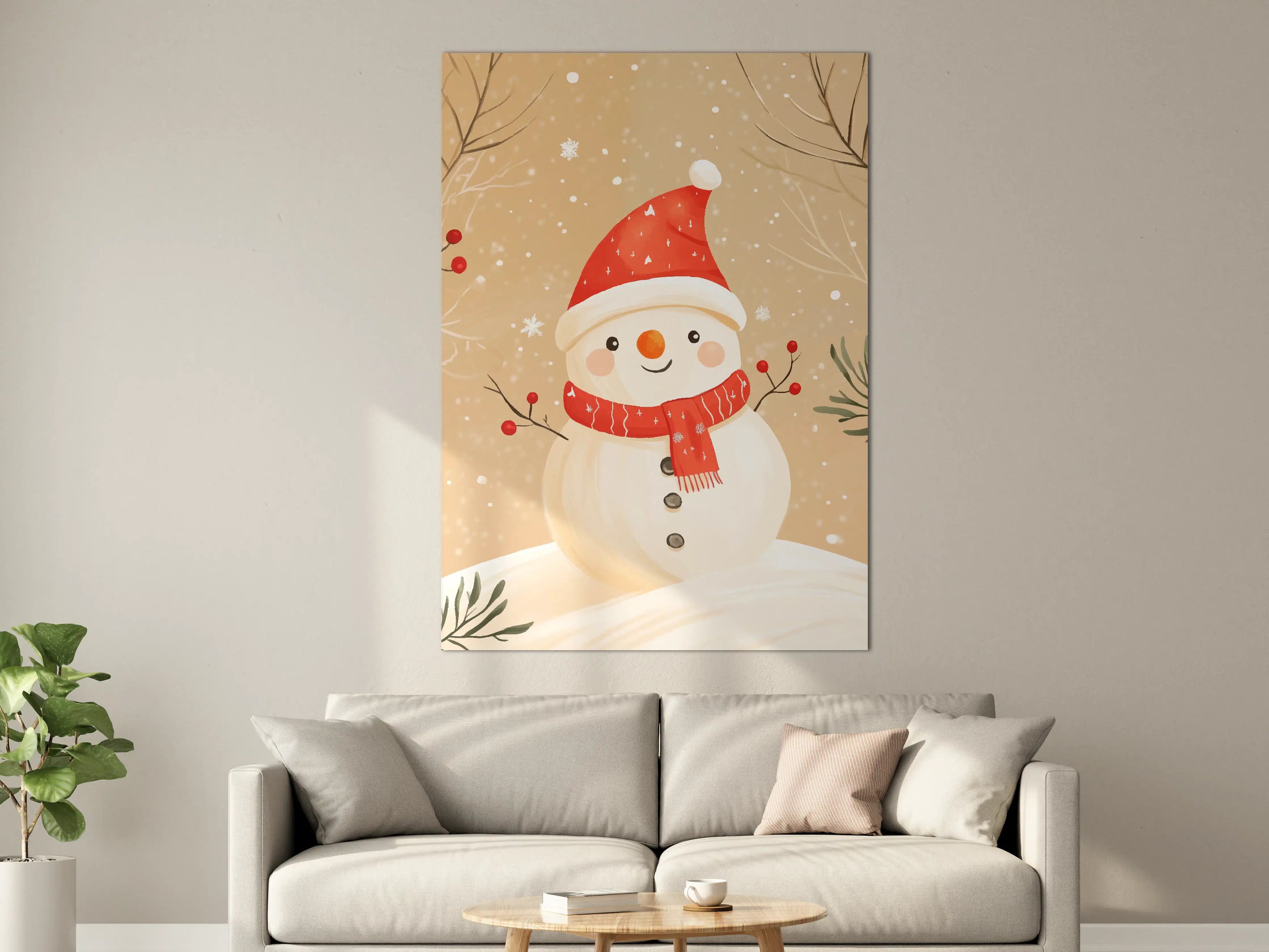 Große Wandbilder - Fröhlicher Schneemann mit roter Mütze und Schal