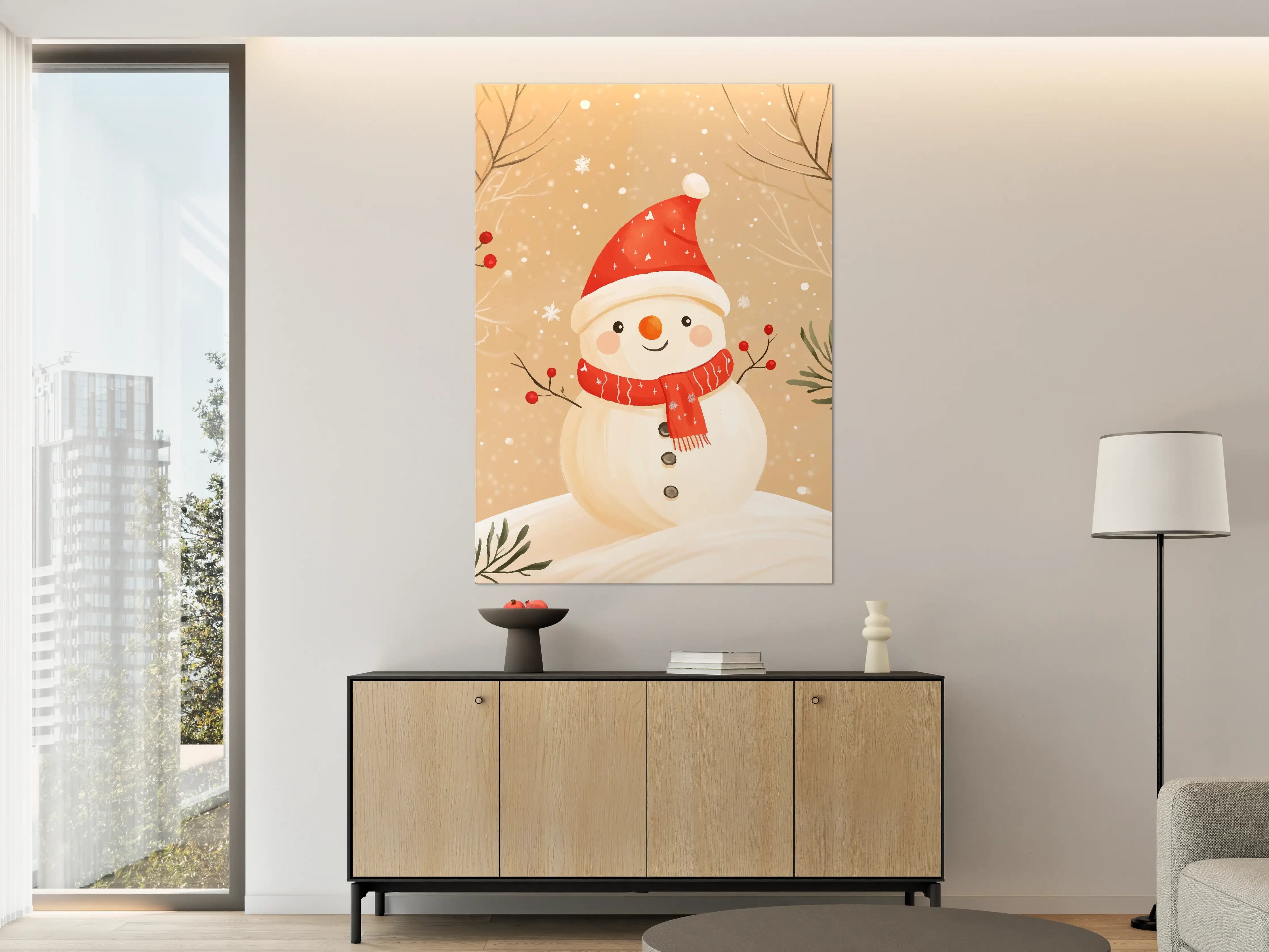 Große Wandbilder - Fröhlicher Schneemann mit roter Mütze und Schal