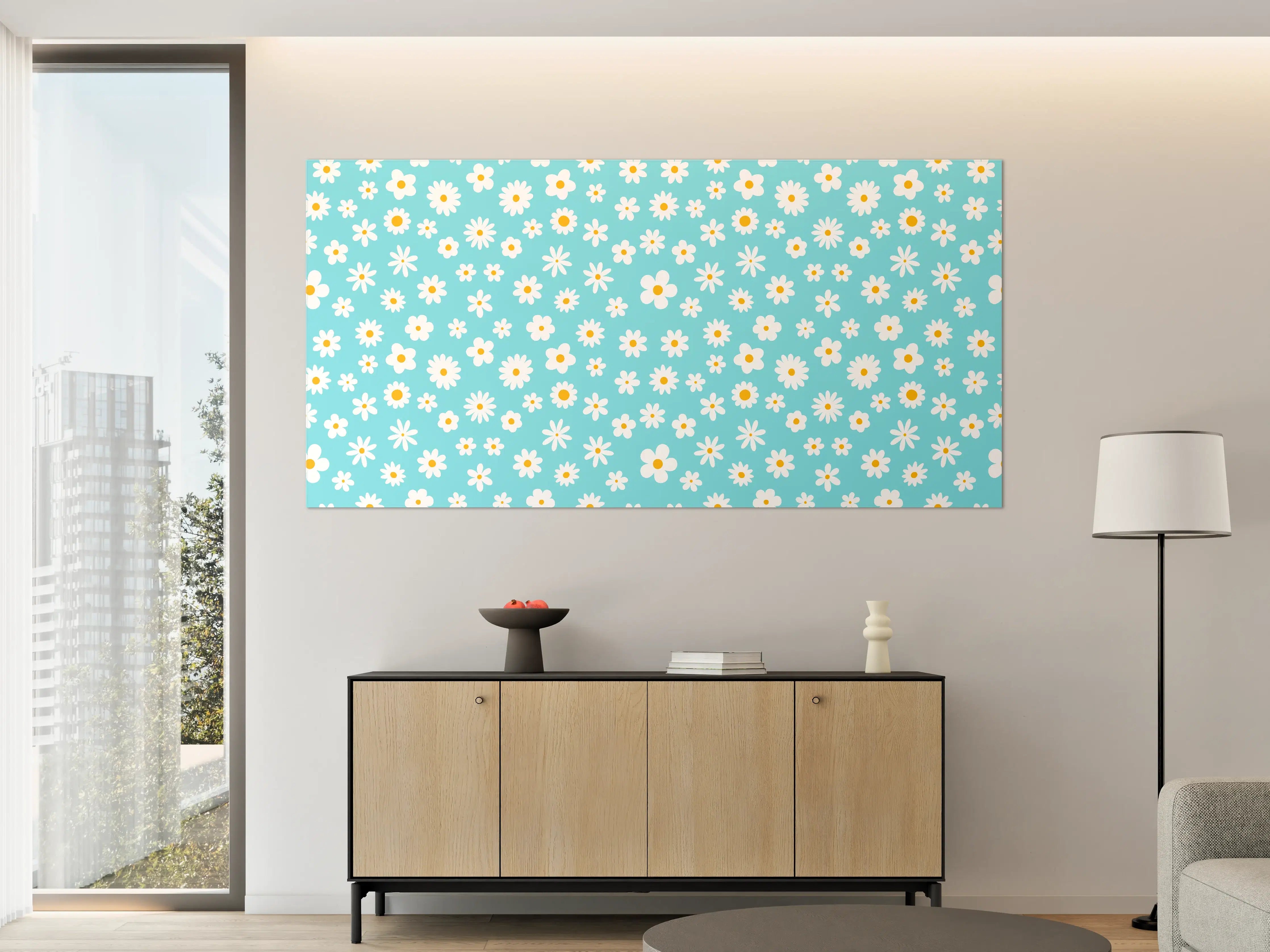 Große Wandbilder - Fröhliches Blumendesign in Hellblau