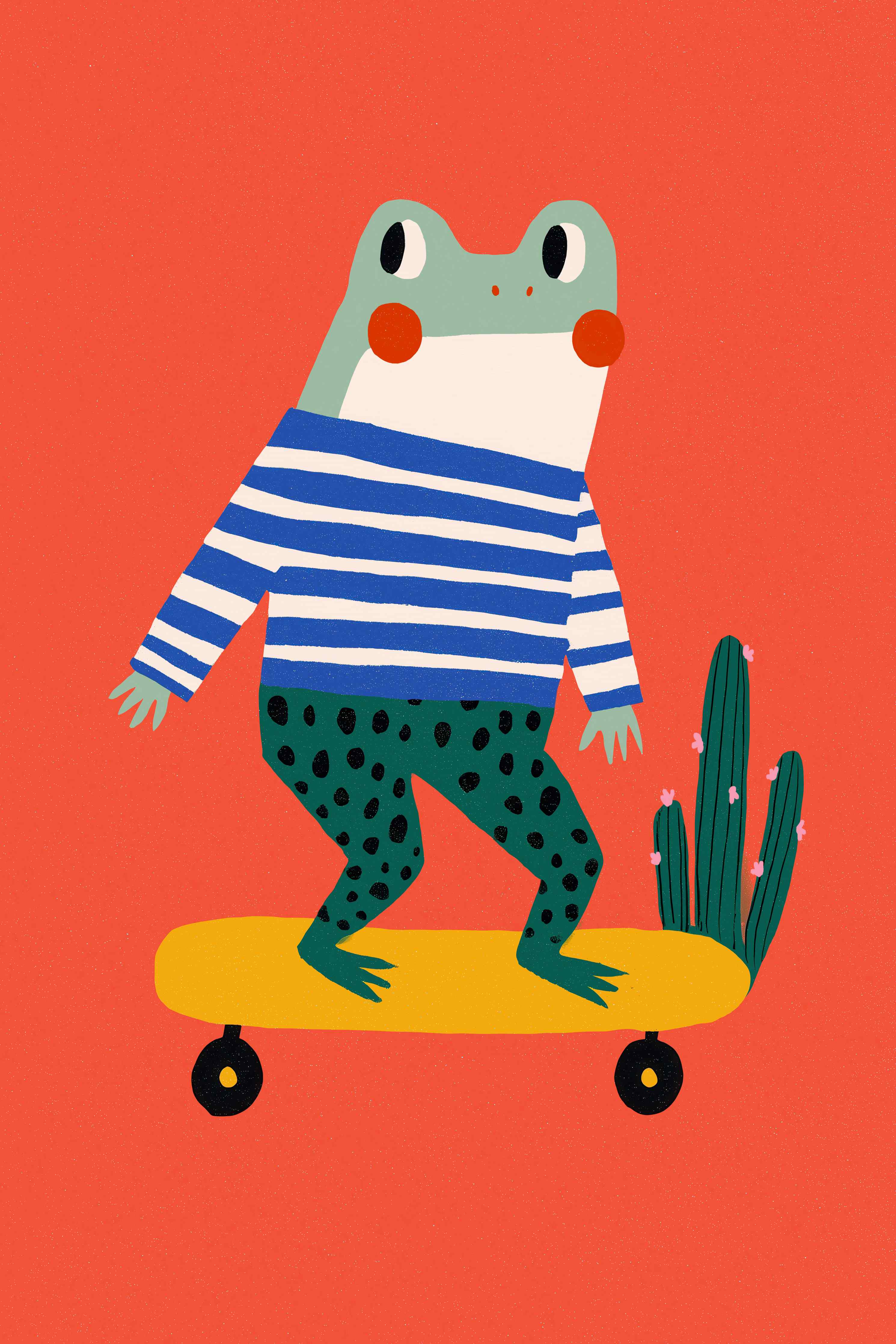 Große Wandbilder-Frosch auf Skateboard vor rotem Hintergrund