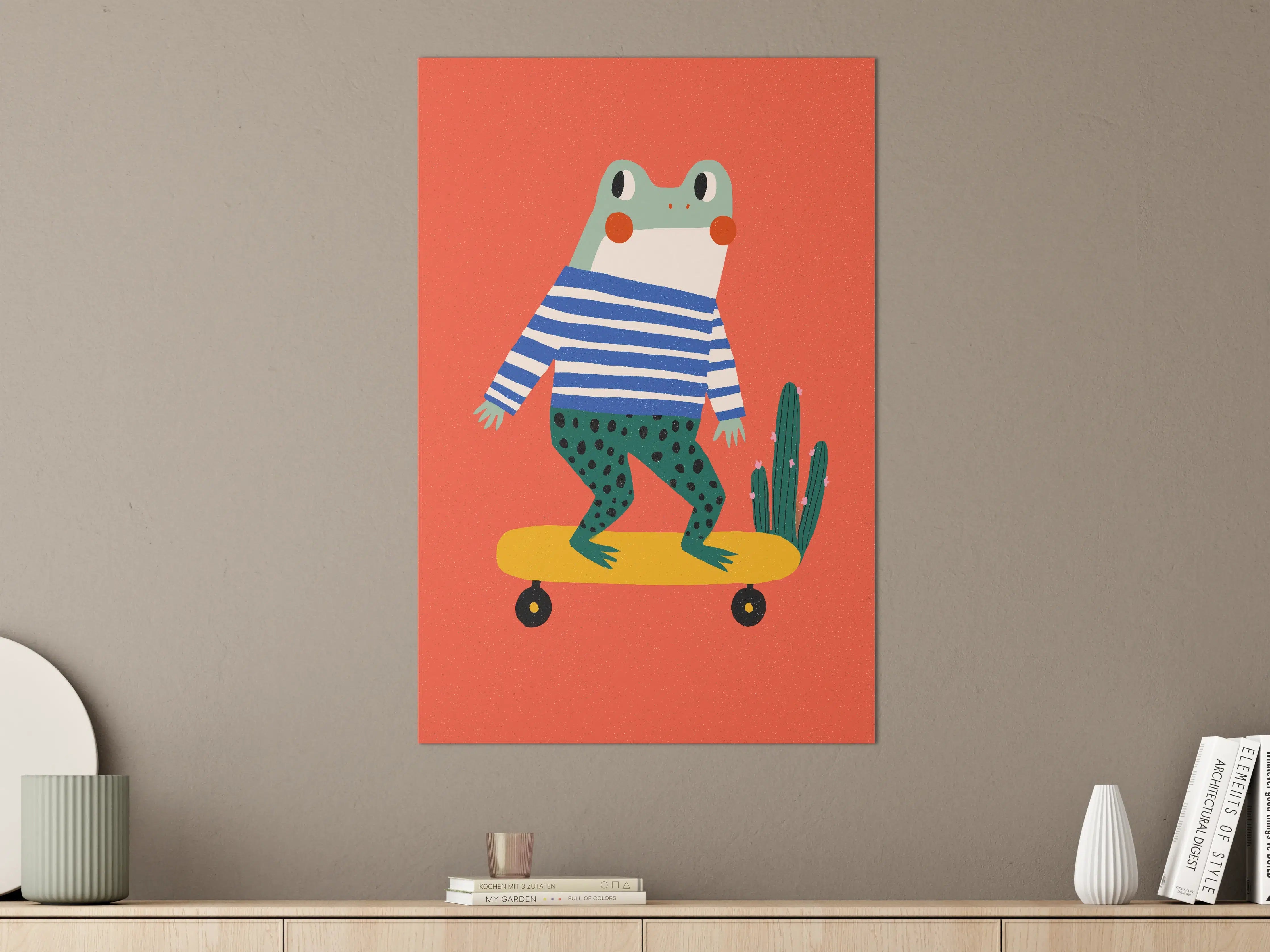Große Wandbilder - Frosch auf Skateboard vor rotem Hintergrund