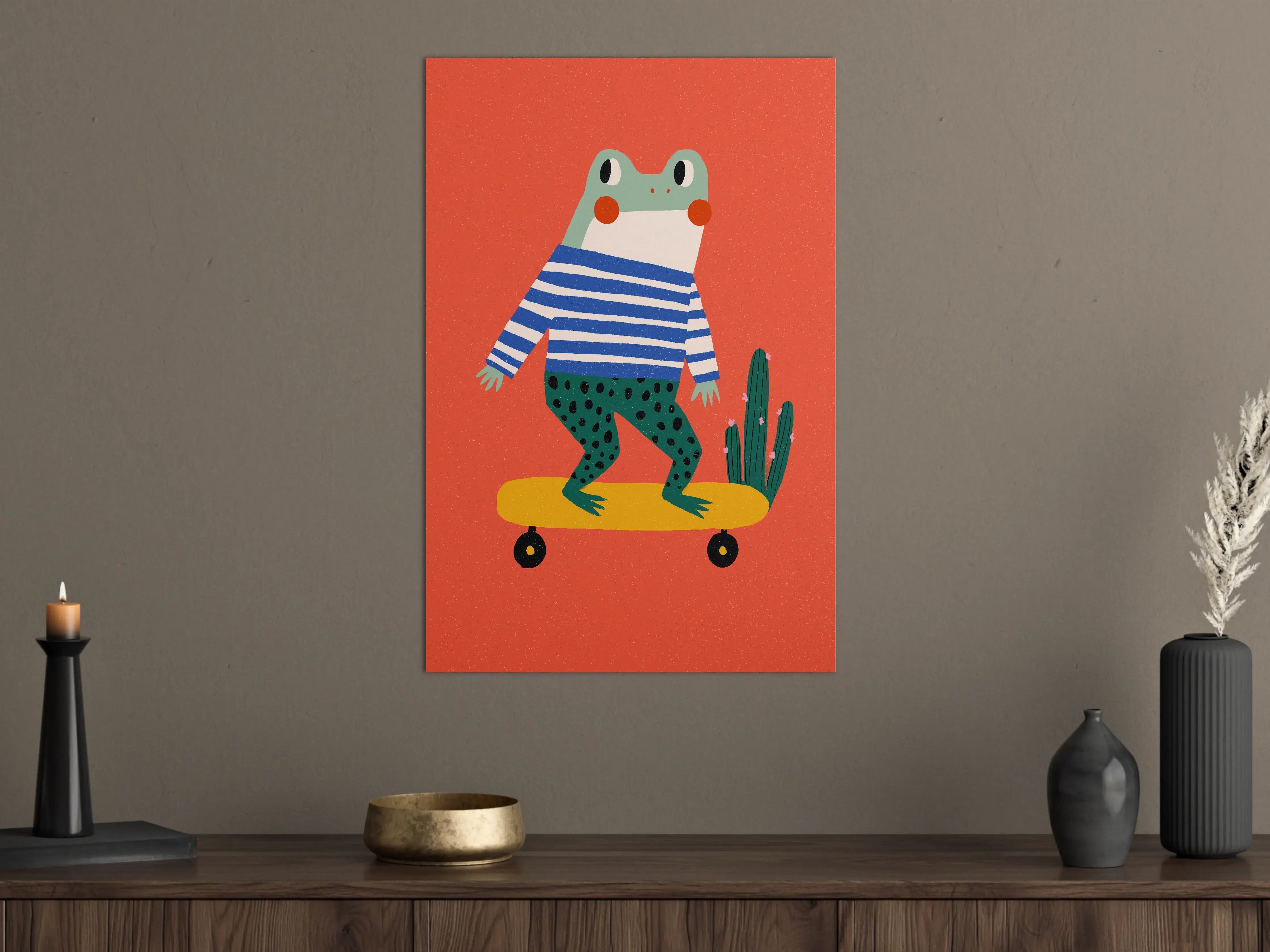 Große Wandbilder - Frosch auf Skateboard vor rotem Hintergrund