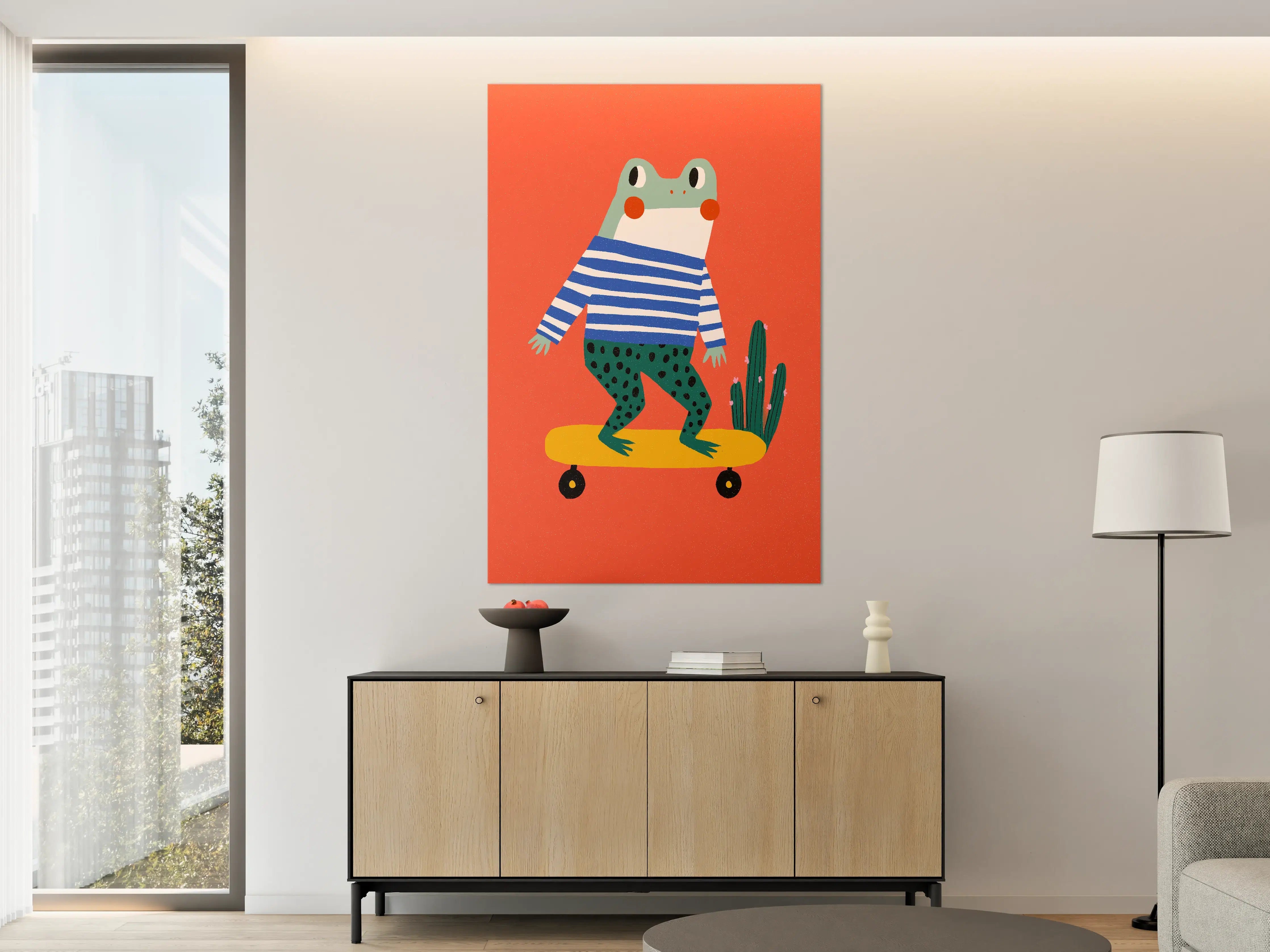 Große Wandbilder - Frosch auf Skateboard vor rotem Hintergrund