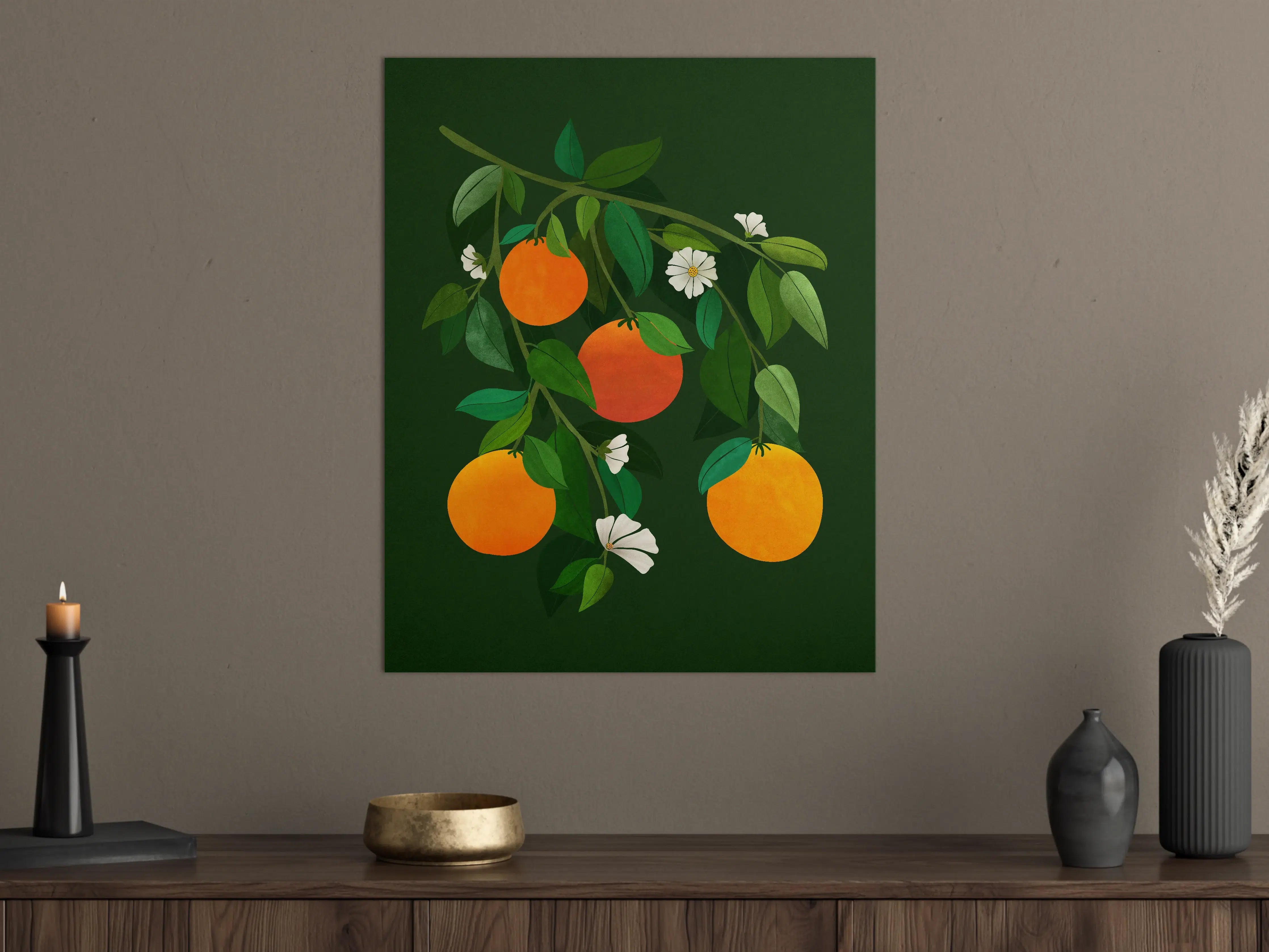 Große Wandbilder - Früchte und weiße Blüten auf dunklem Hintergrund