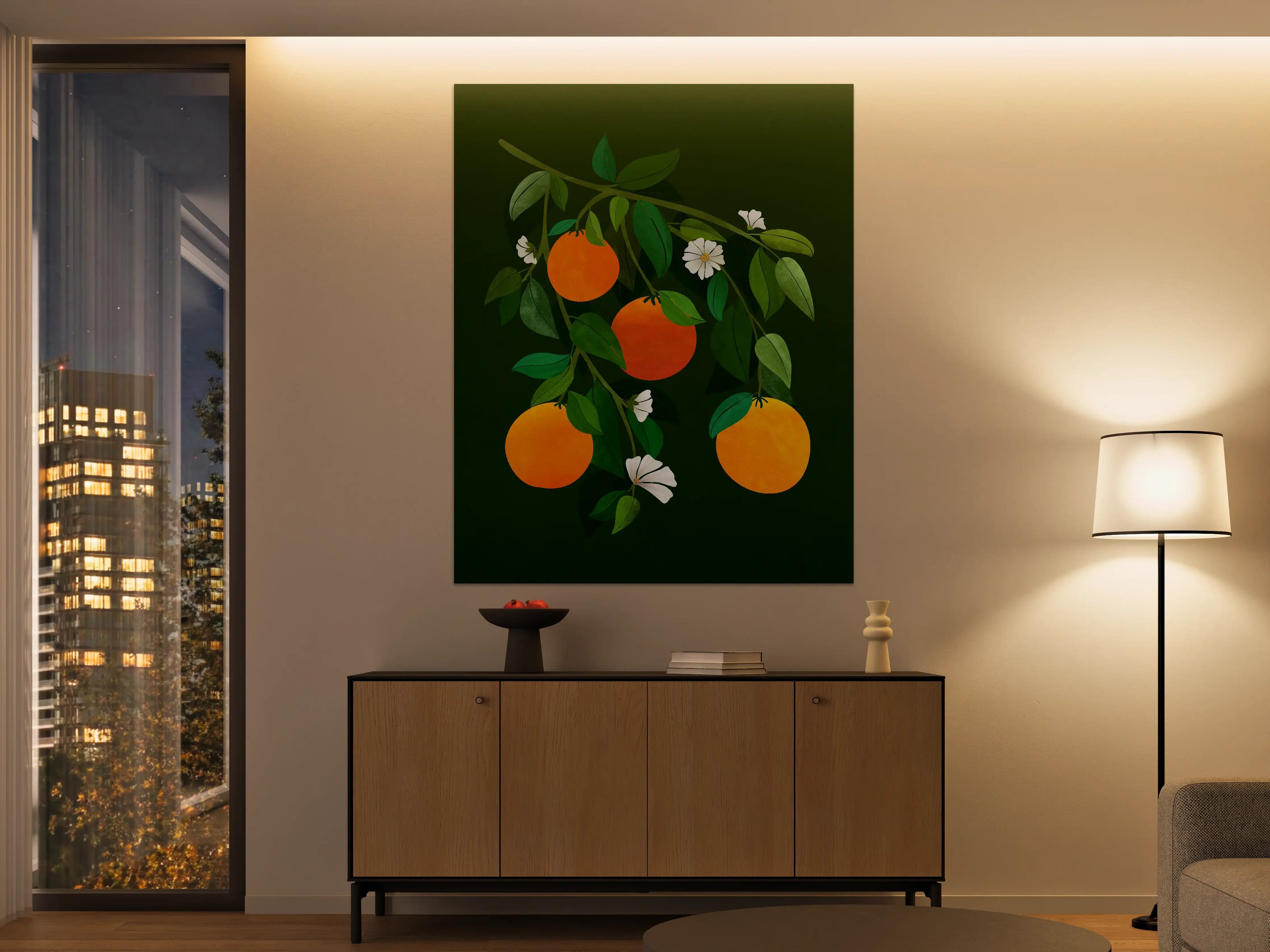Große Wandbilder - Früchte und weiße Blüten auf dunklem Hintergrund