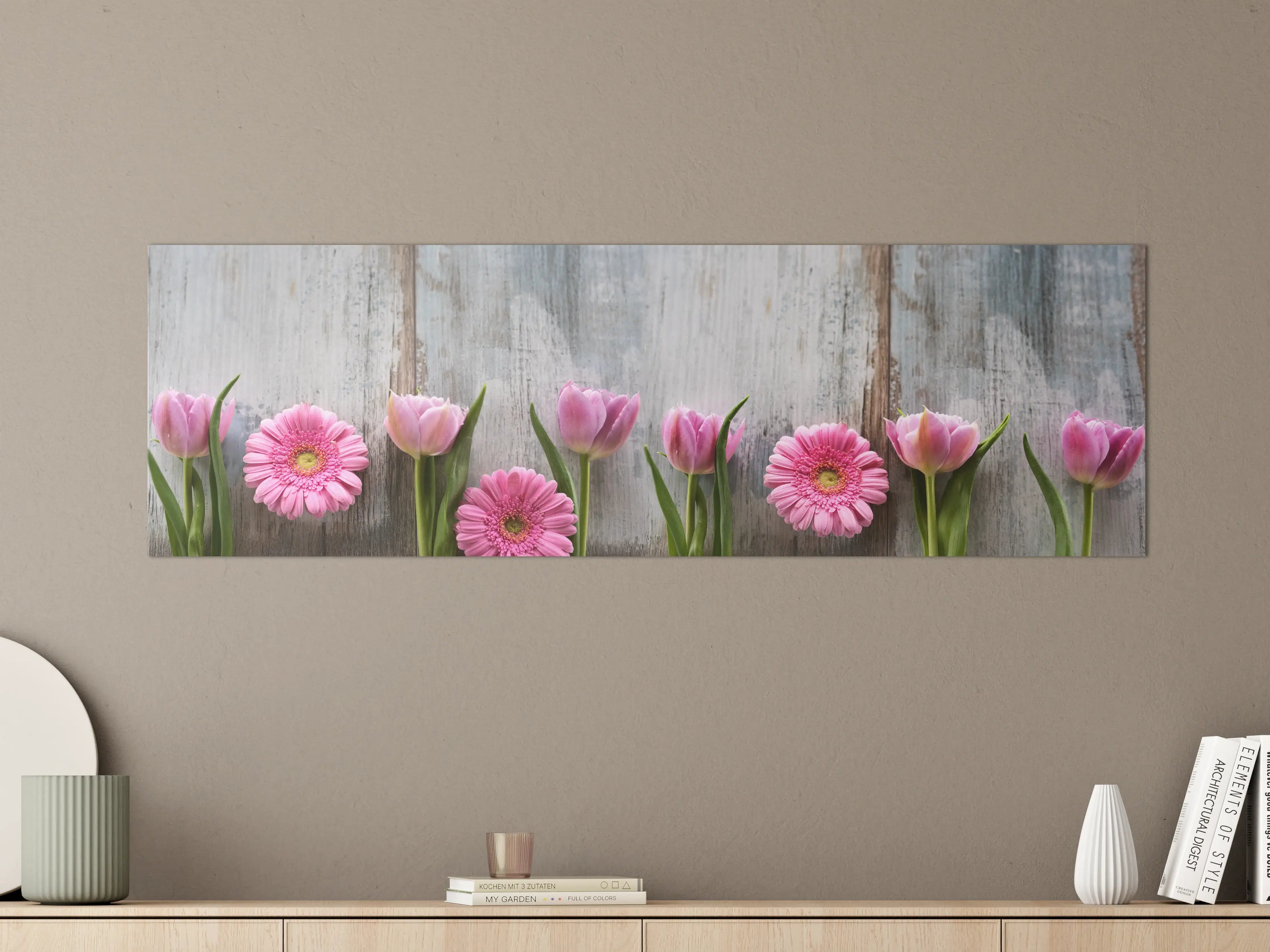 Große Wandbilder - Frühlingsblumen auf schäbigem Holz