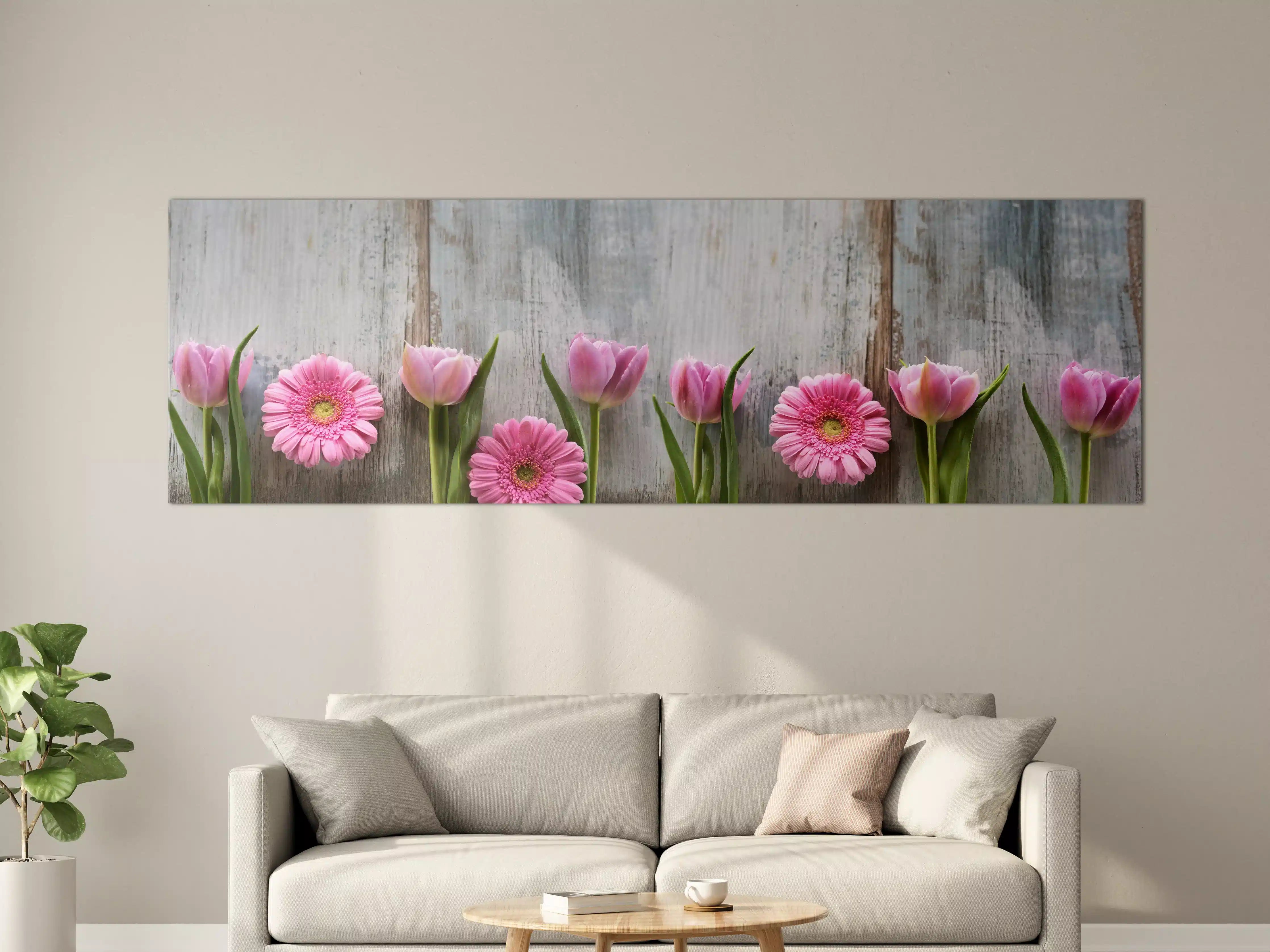 Große Wandbilder - Frühlingsblumen auf schäbigem Holz