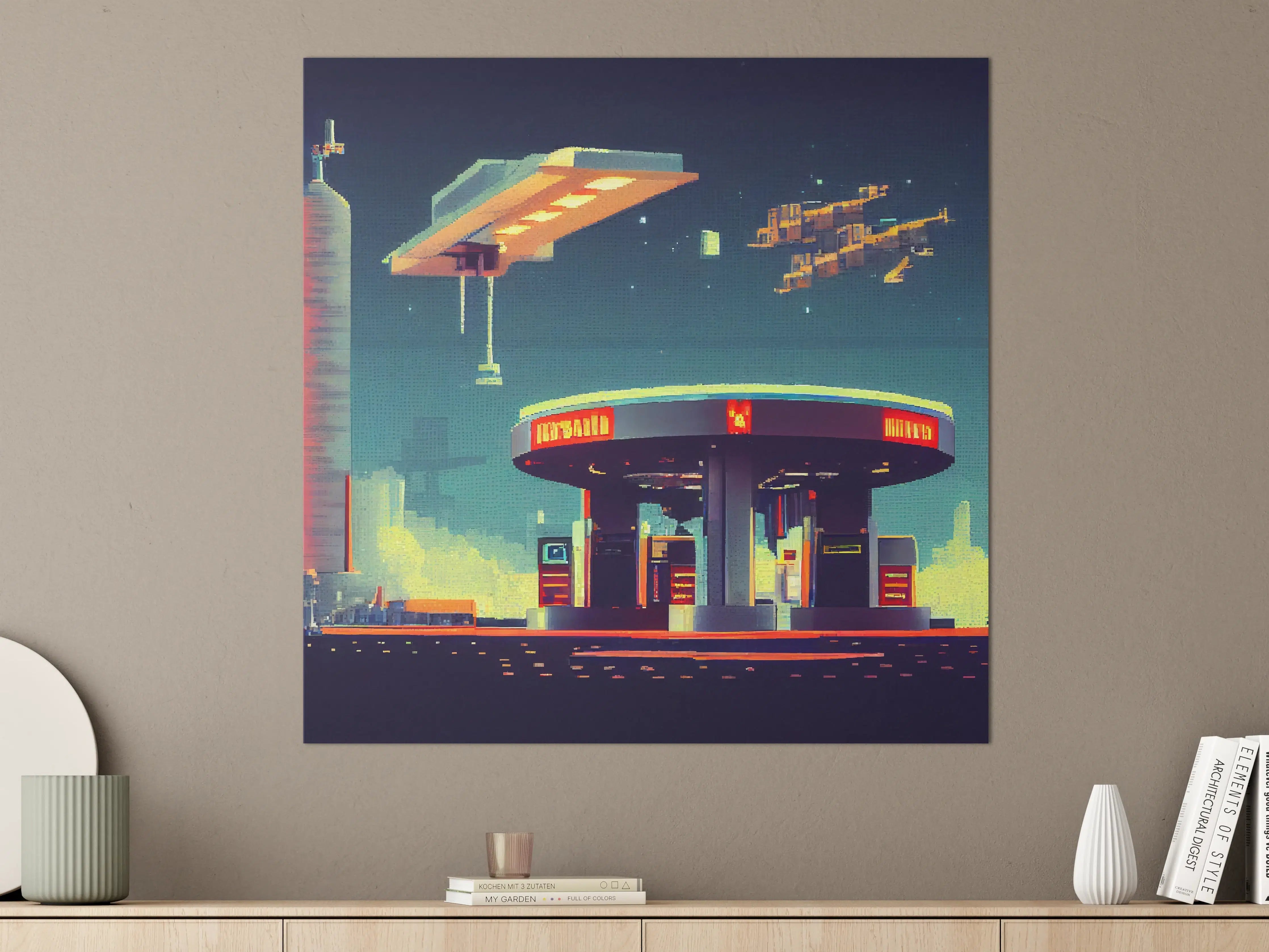 Große Wandbilder - Futuristische Illustration einer Cyberpunk-Tankstelle im Pixel-Art-Stil
