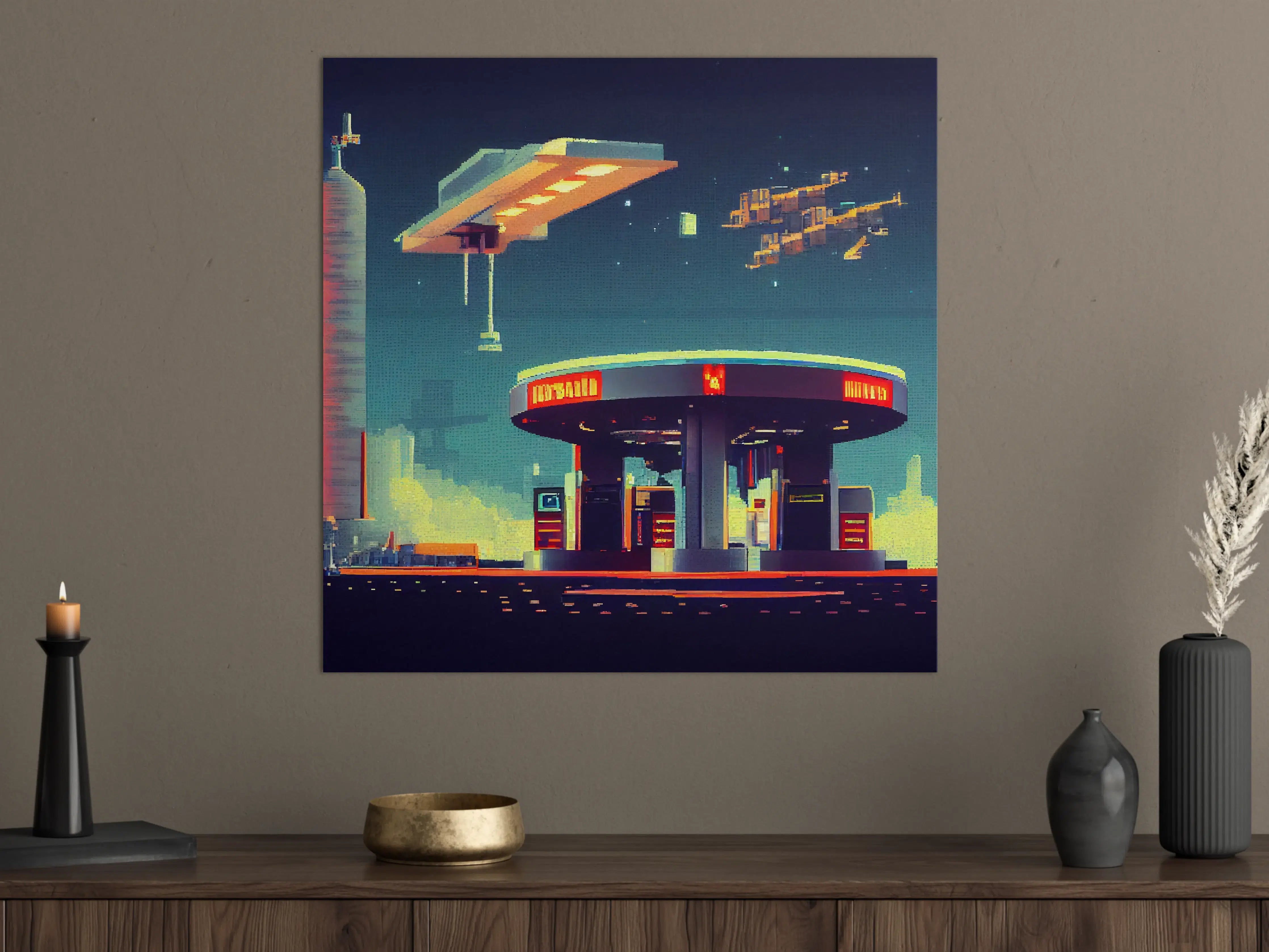 Große Wandbilder - Futuristische Illustration einer Cyberpunk-Tankstelle im Pixel-Art-Stil