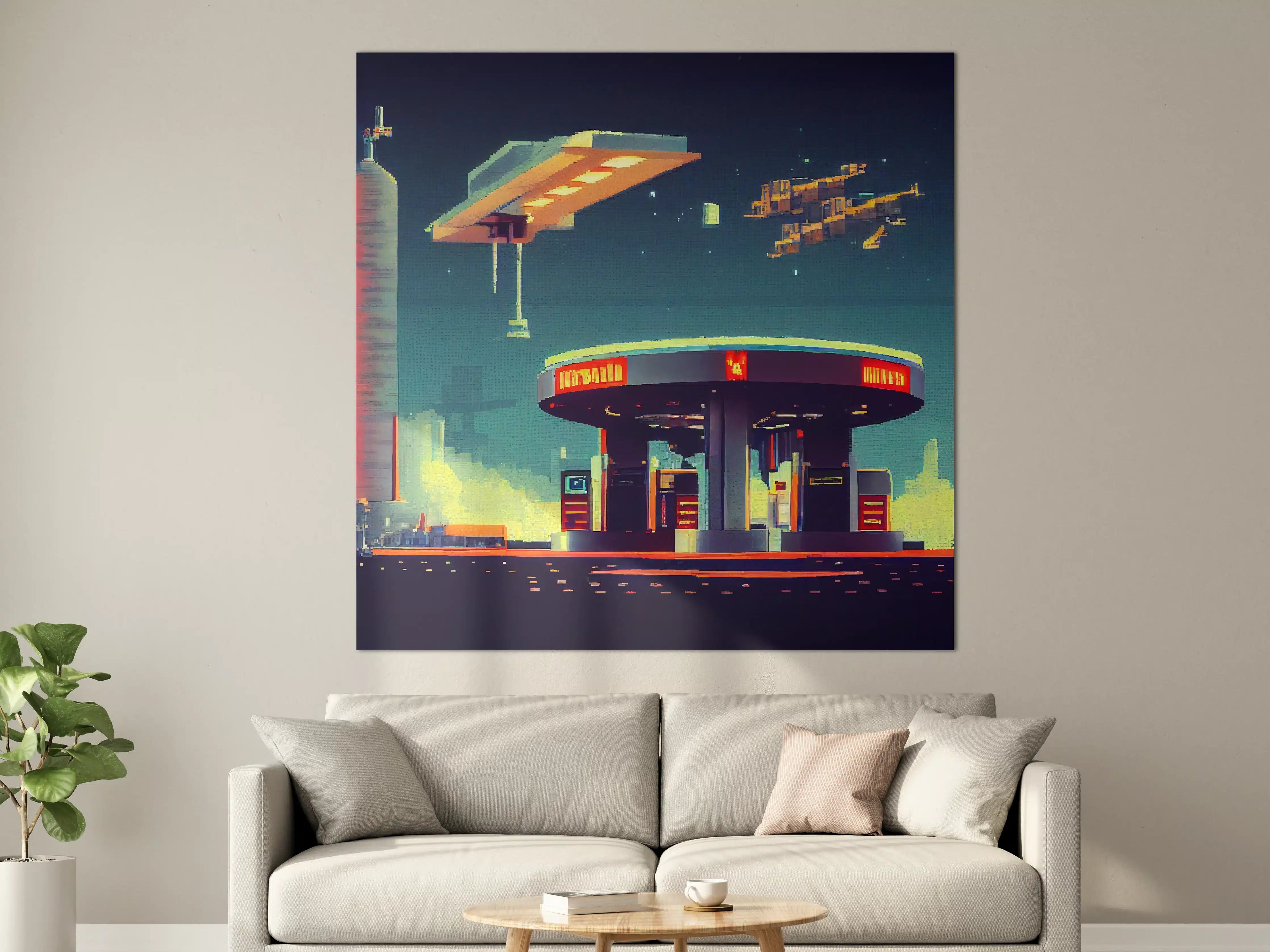 Große Wandbilder - Futuristische Illustration einer Cyberpunk-Tankstelle im Pixel-Art-Stil