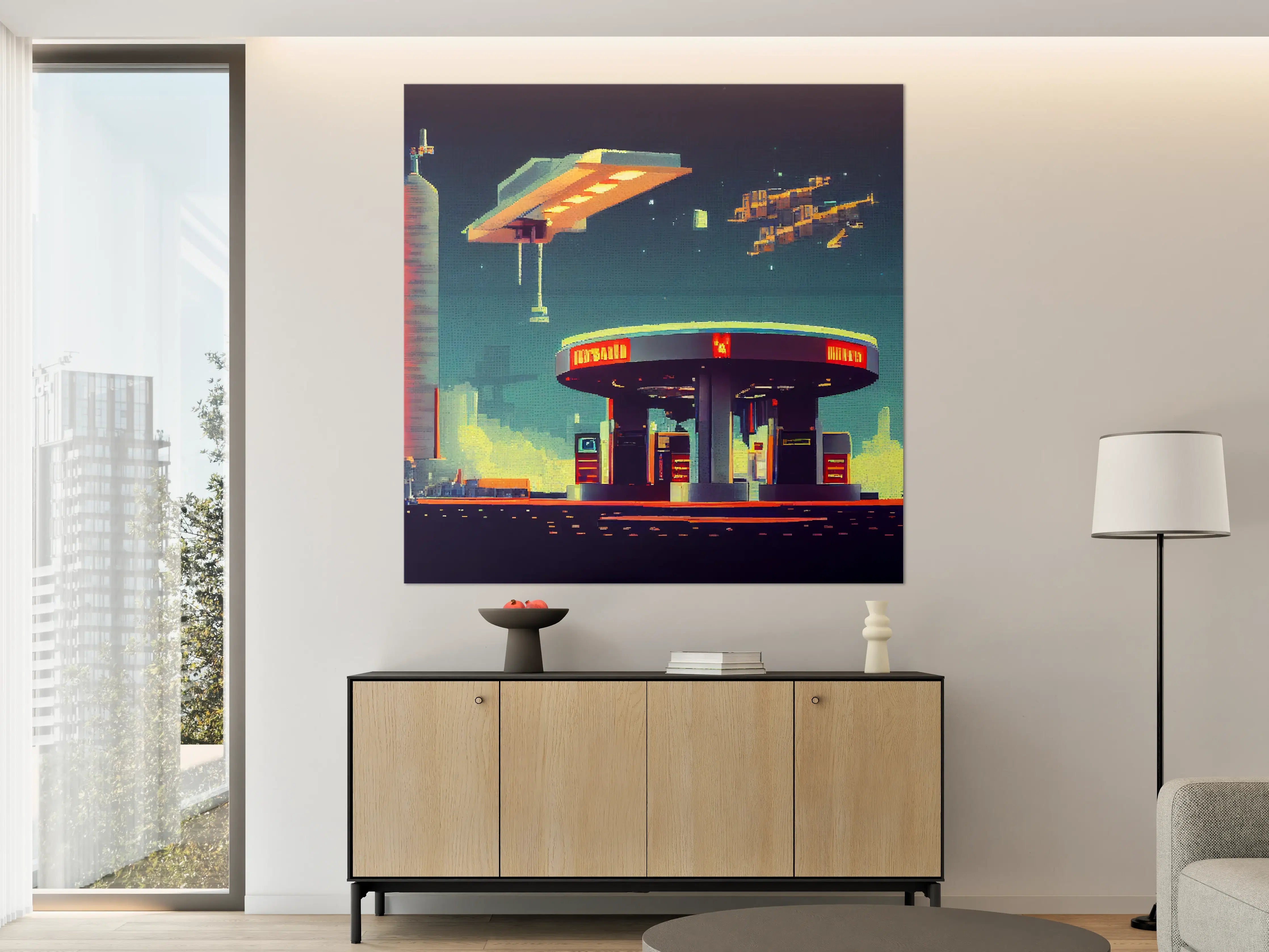 Große Wandbilder - Futuristische Illustration einer Cyberpunk-Tankstelle im Pixel-Art-Stil