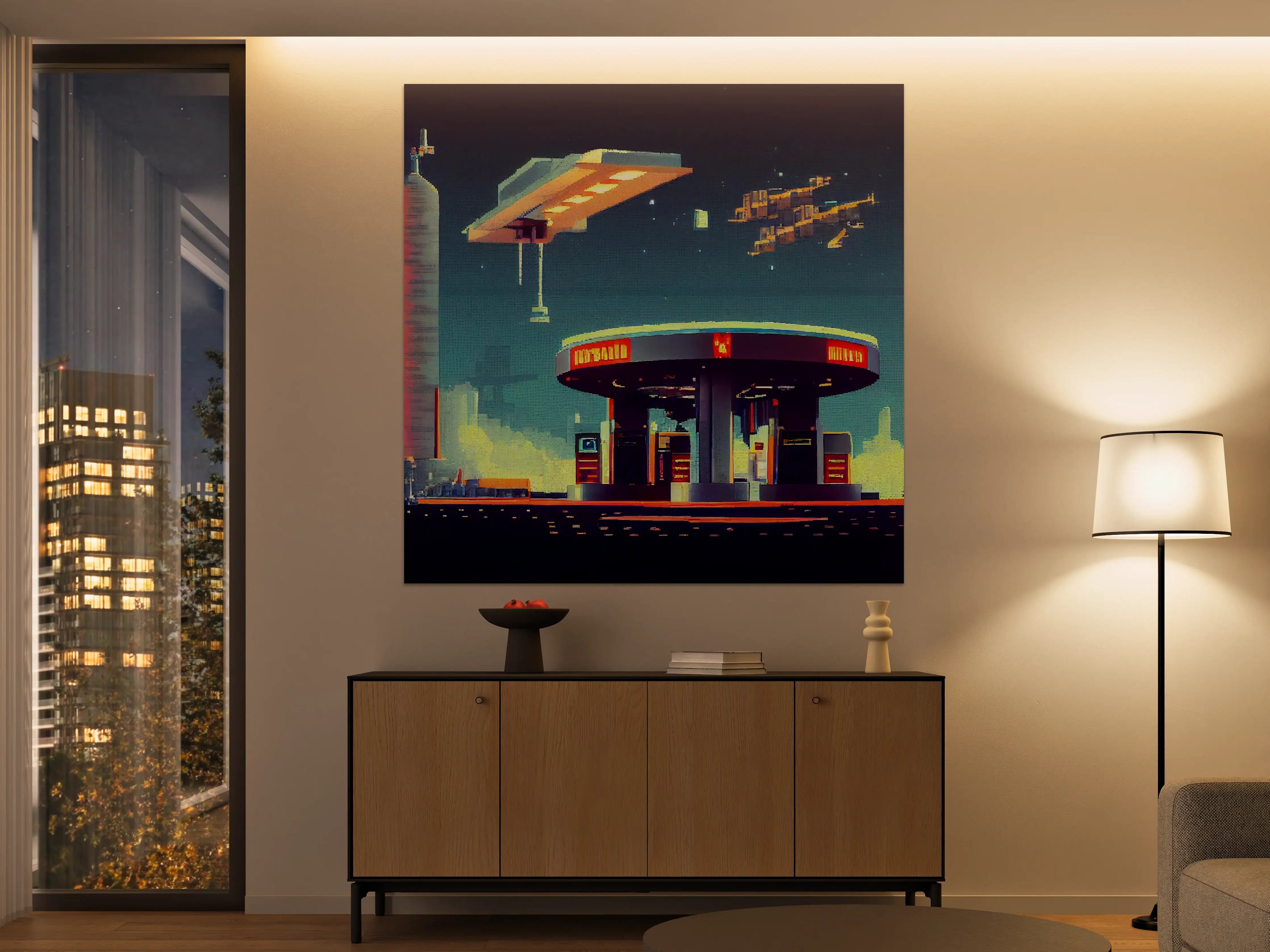 Große Wandbilder - Futuristische Illustration einer Cyberpunk-Tankstelle im Pixel-Art-Stil