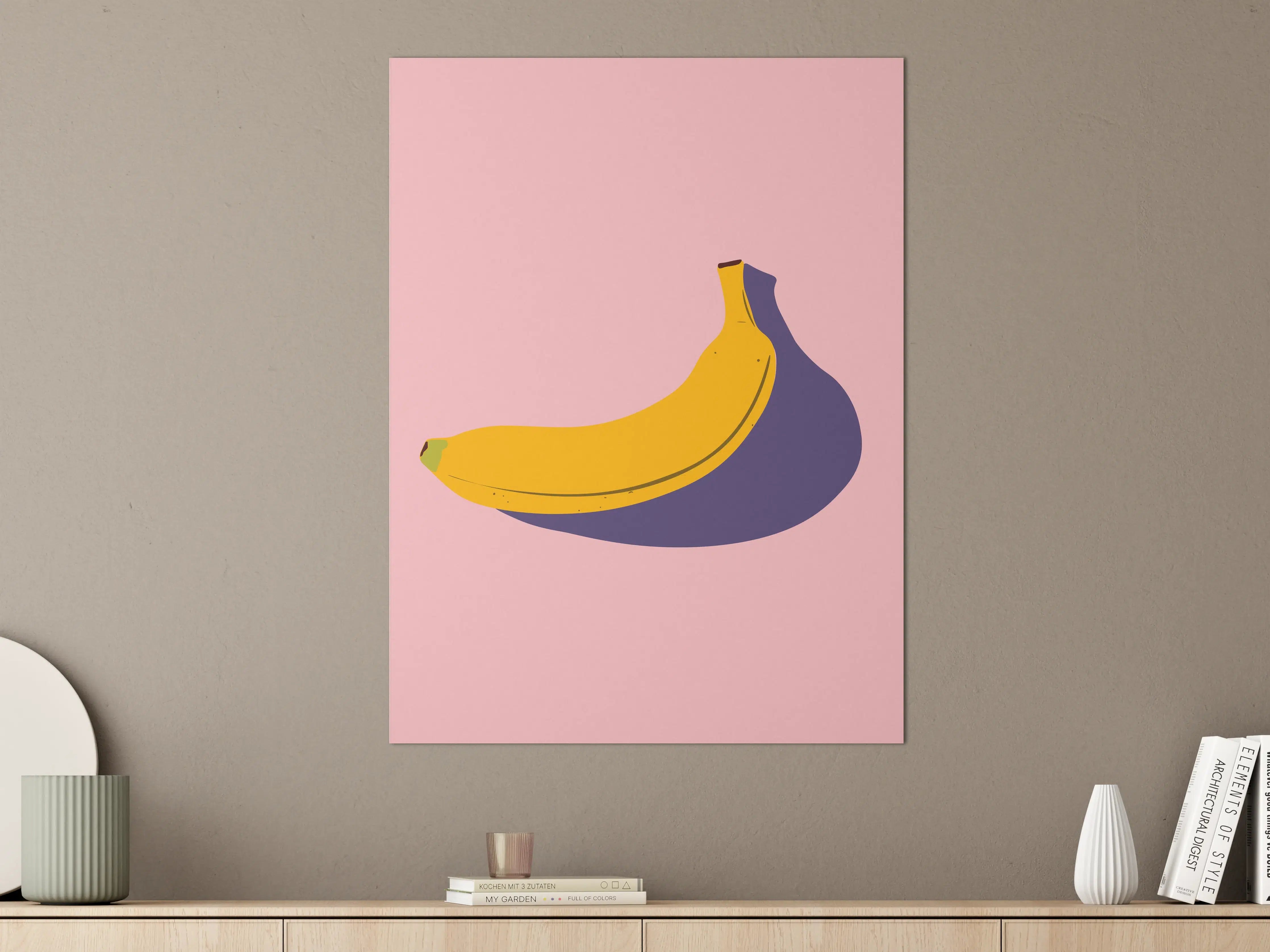 Große Wandbilder - Gelbe Banane mit Schatten auf pinkem Hintergrund