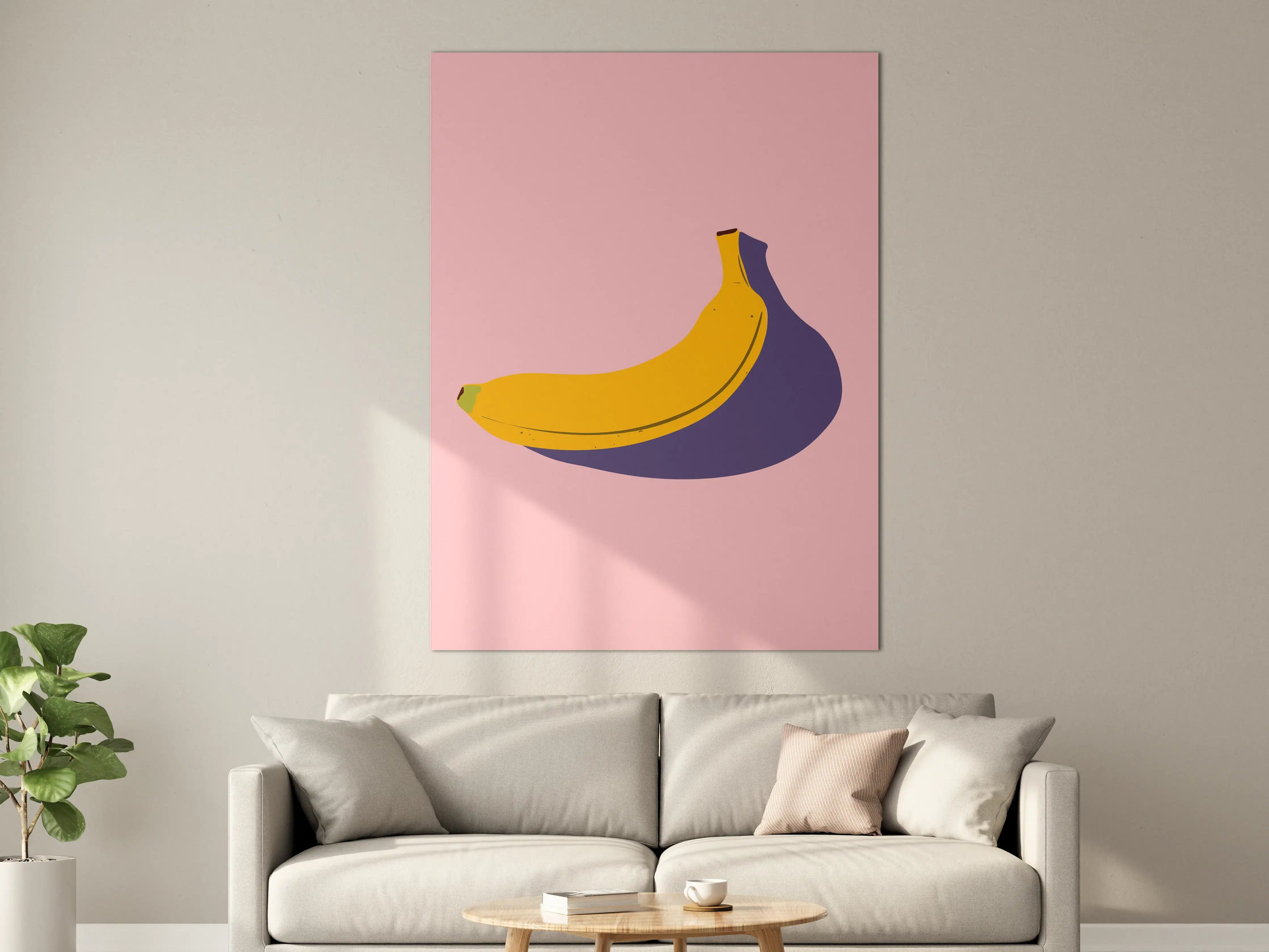 Große Wandbilder - Gelbe Banane mit Schatten auf pinkem Hintergrund