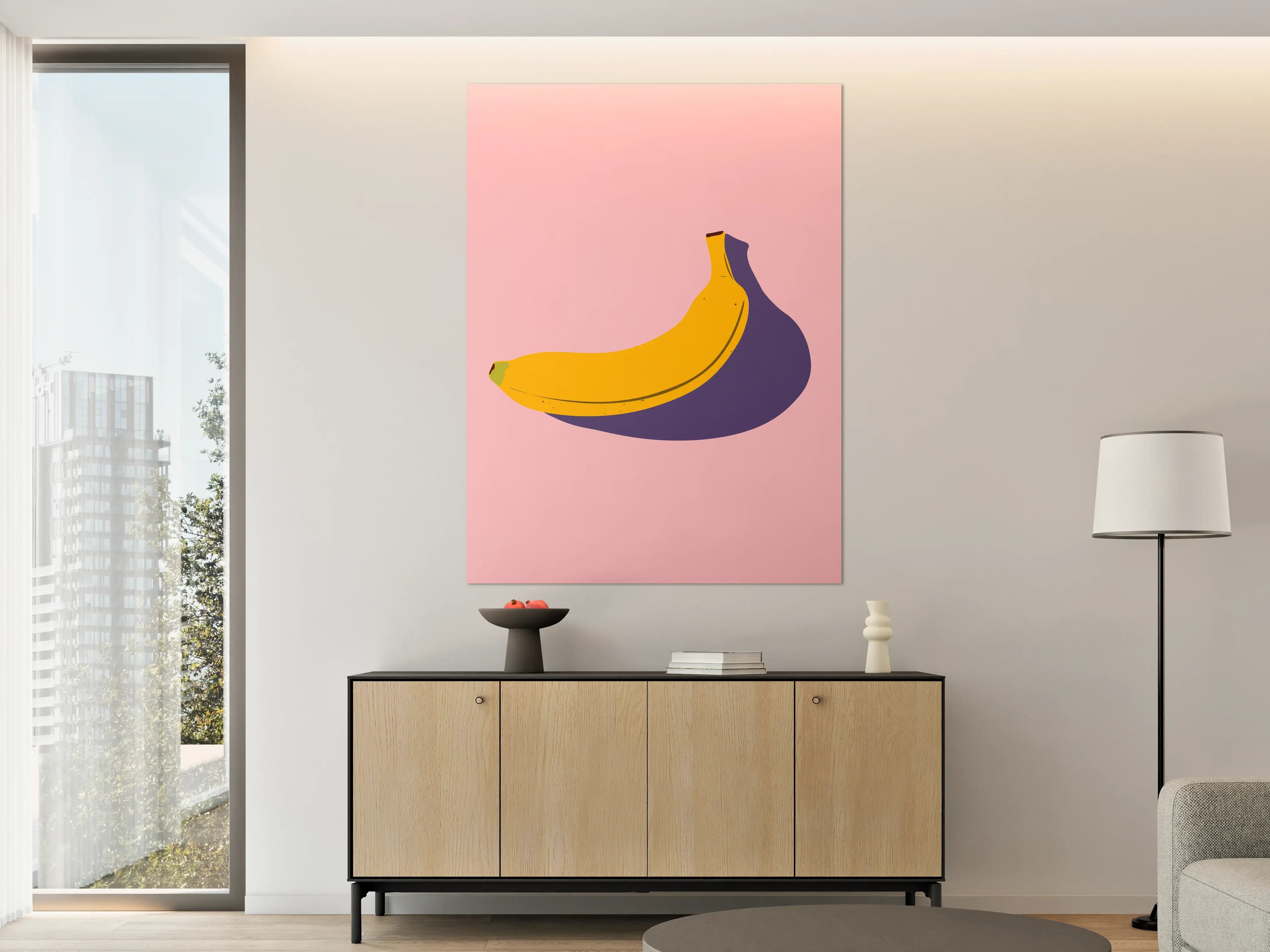 Große Wandbilder - Gelbe Banane mit Schatten auf pinkem Hintergrund