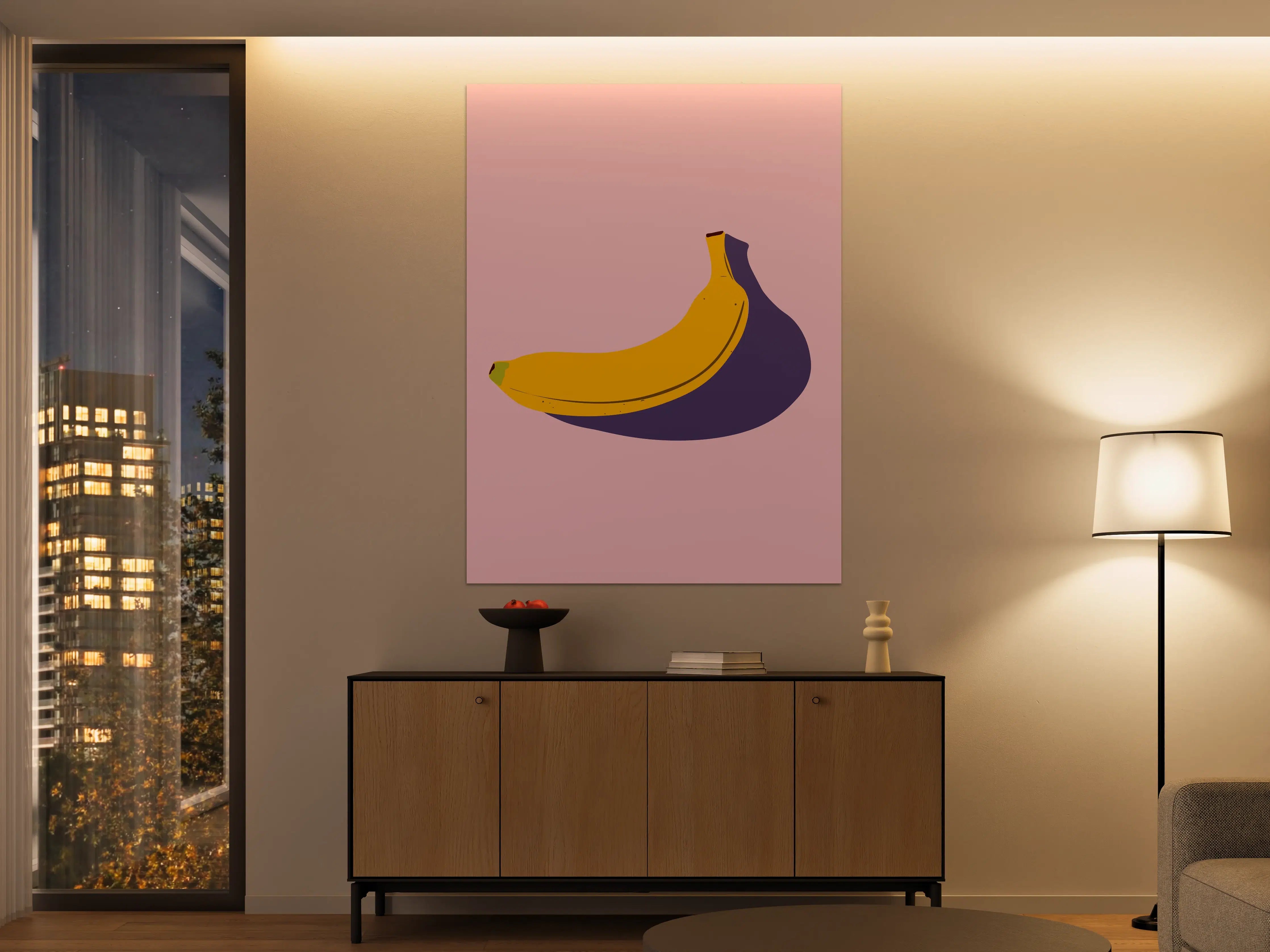 Große Wandbilder - Gelbe Banane mit Schatten auf pinkem Hintergrund