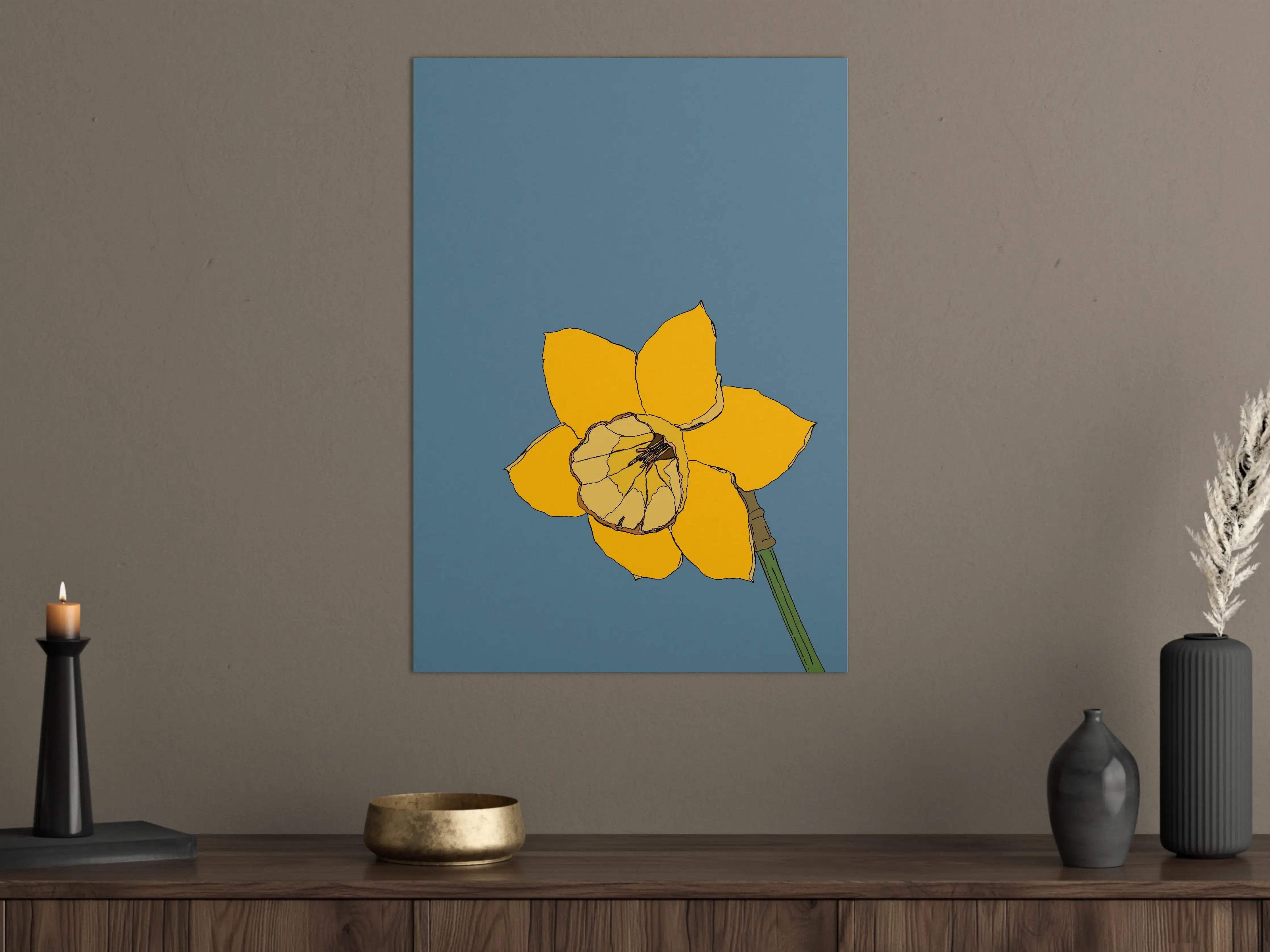 Große Wandbilder - Gelbe Blume mit Schmetterling auf grauem Hintergrund