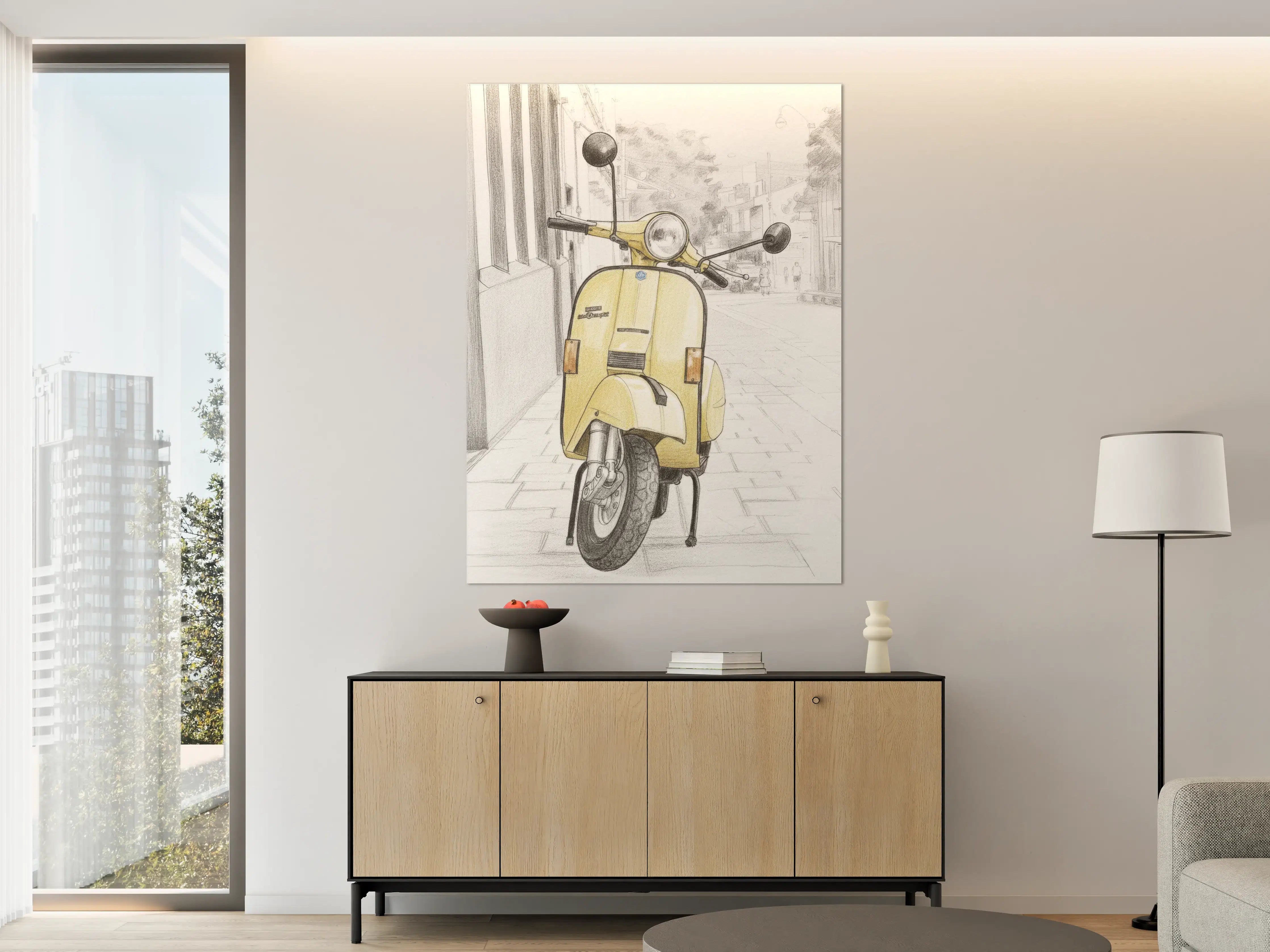 Große Wandbilder - Gelbe Vespa auf urbaner Straße