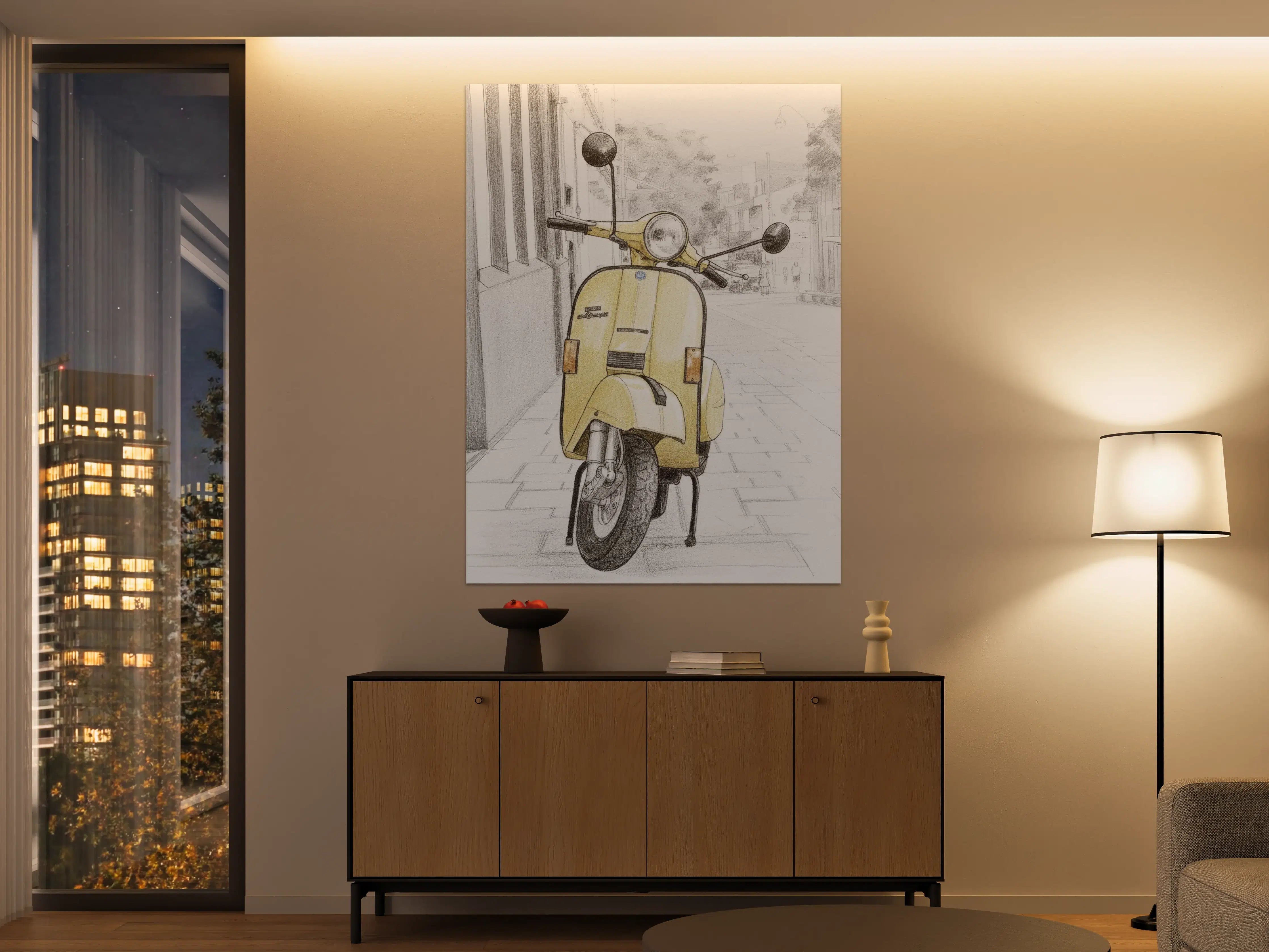 Große Wandbilder - Gelbe Vespa auf urbaner Straße