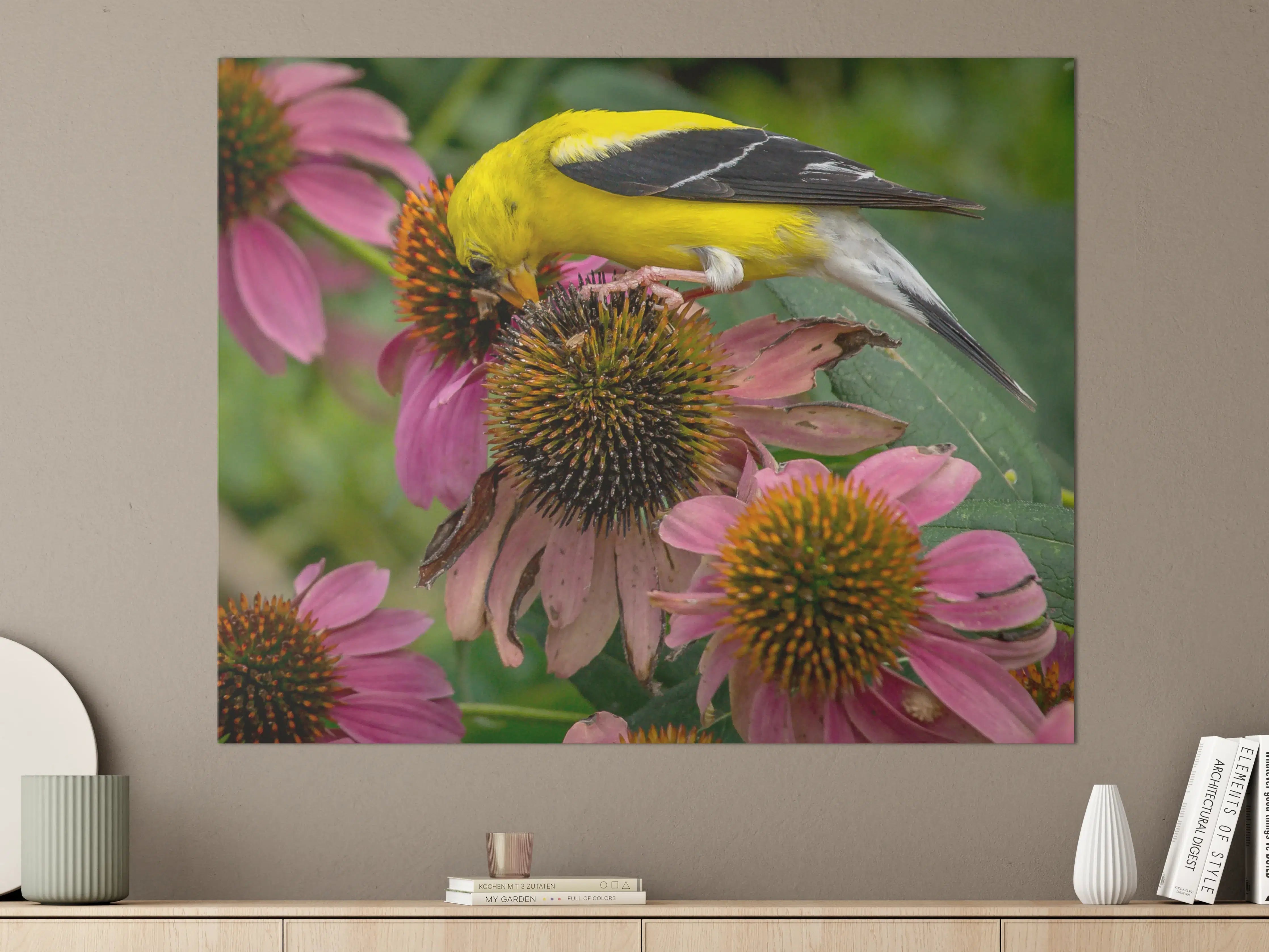Große Wandbilder - Gelber Vogel auf Pinken Blumen