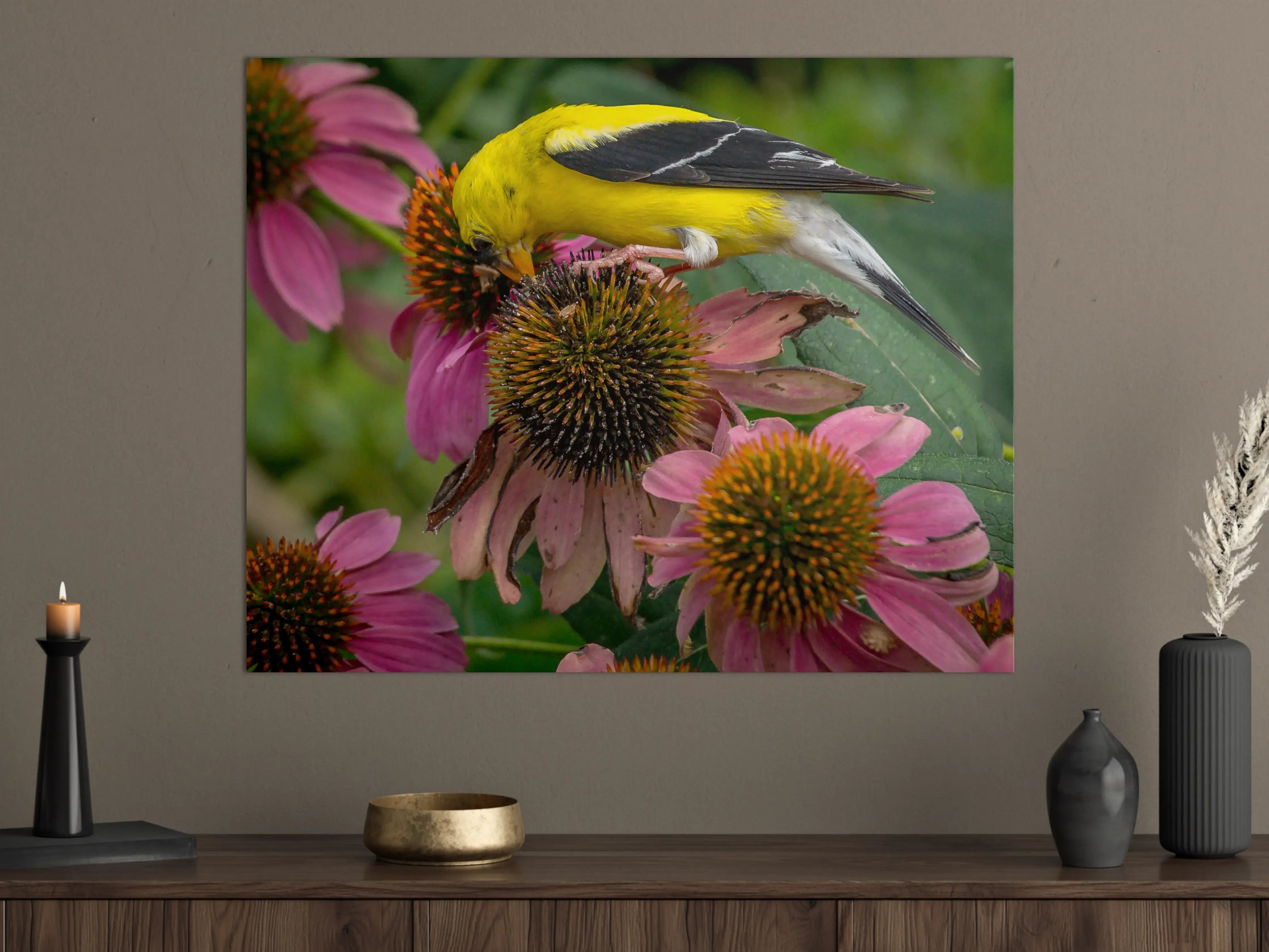 Große Wandbilder - Gelber Vogel auf Pinken Blumen