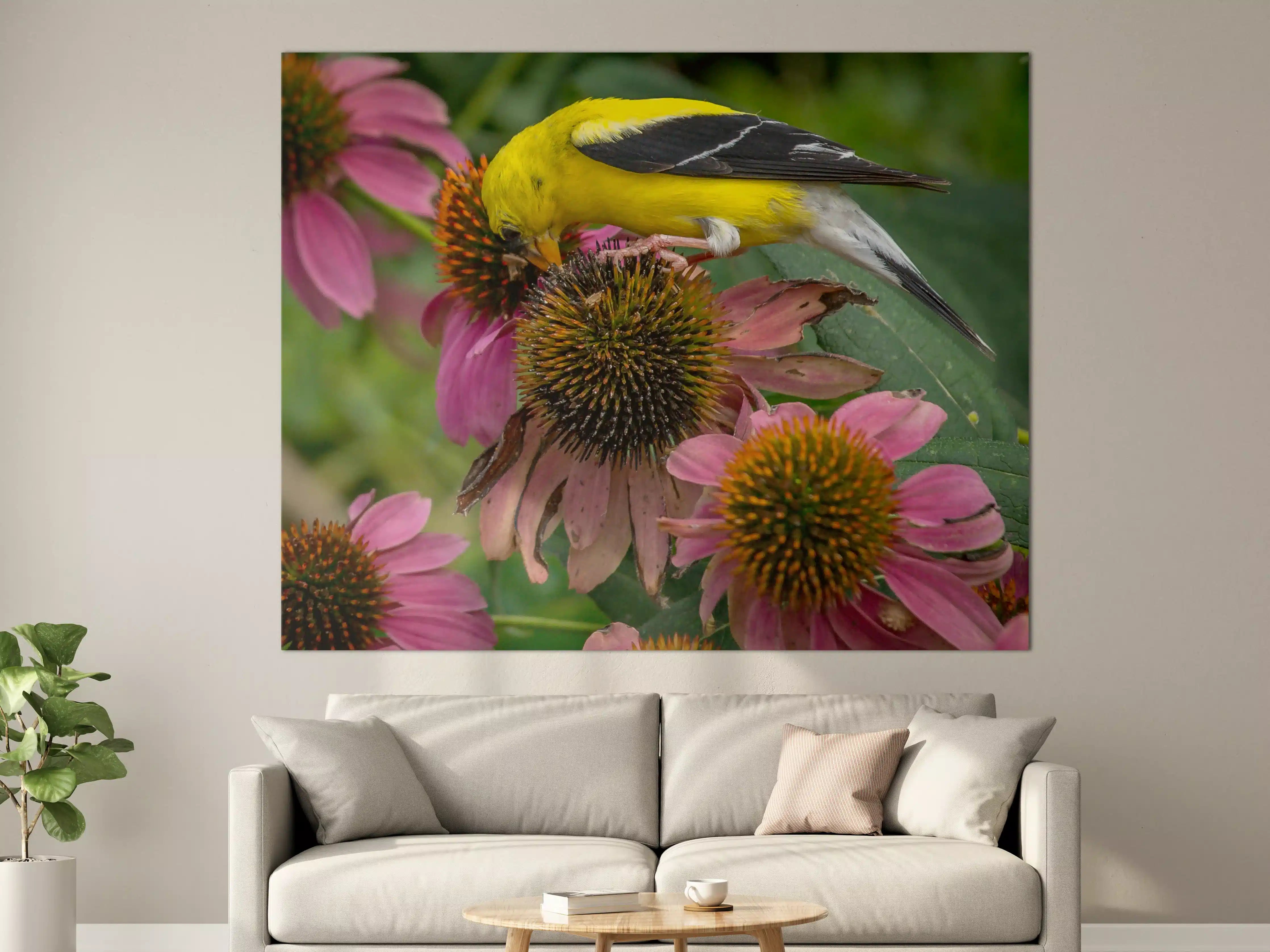 Große Wandbilder - Gelber Vogel auf Pinken Blumen