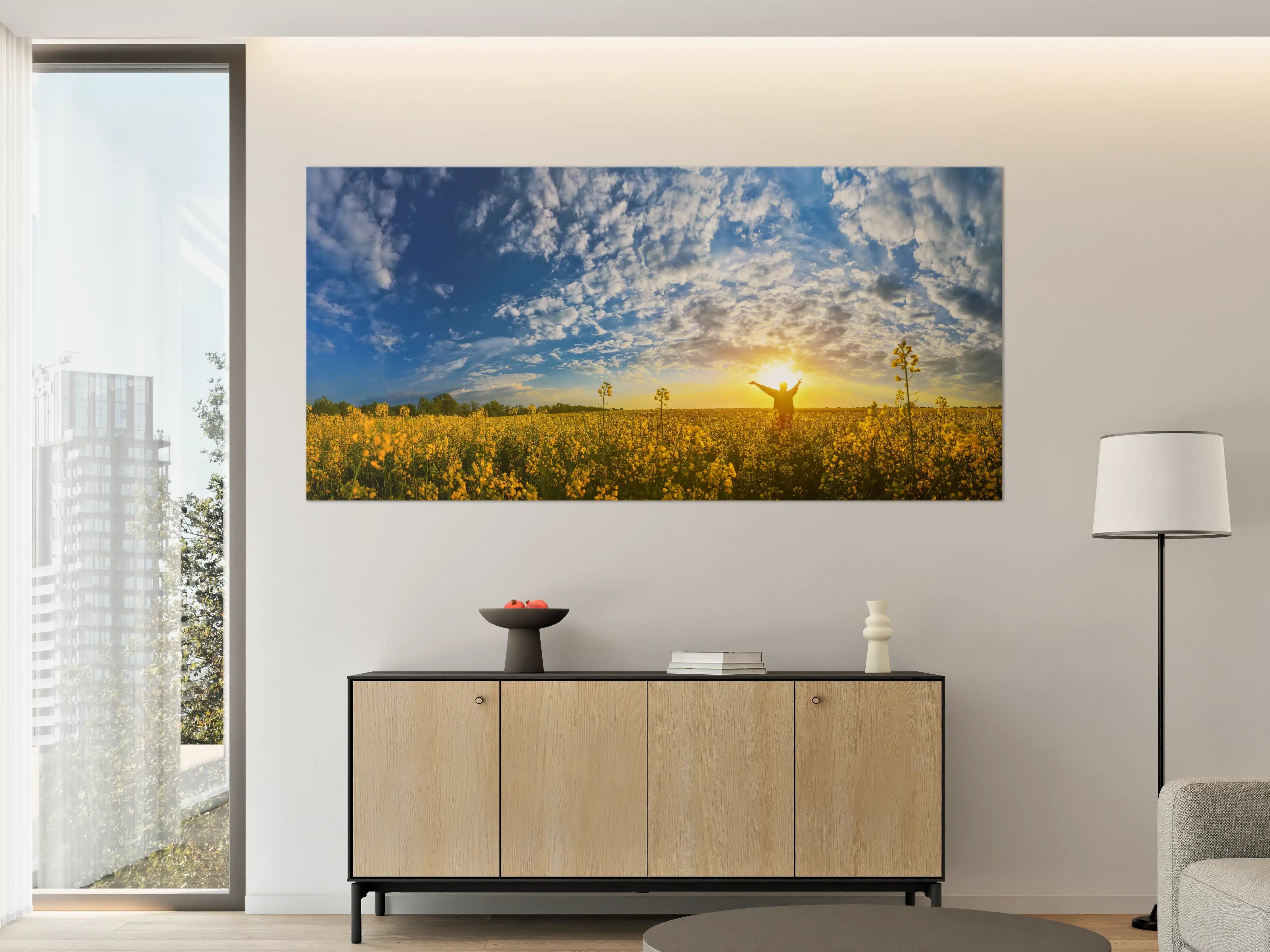 Große Wandbilder - Gelbliches Blumenfeld am Morgen