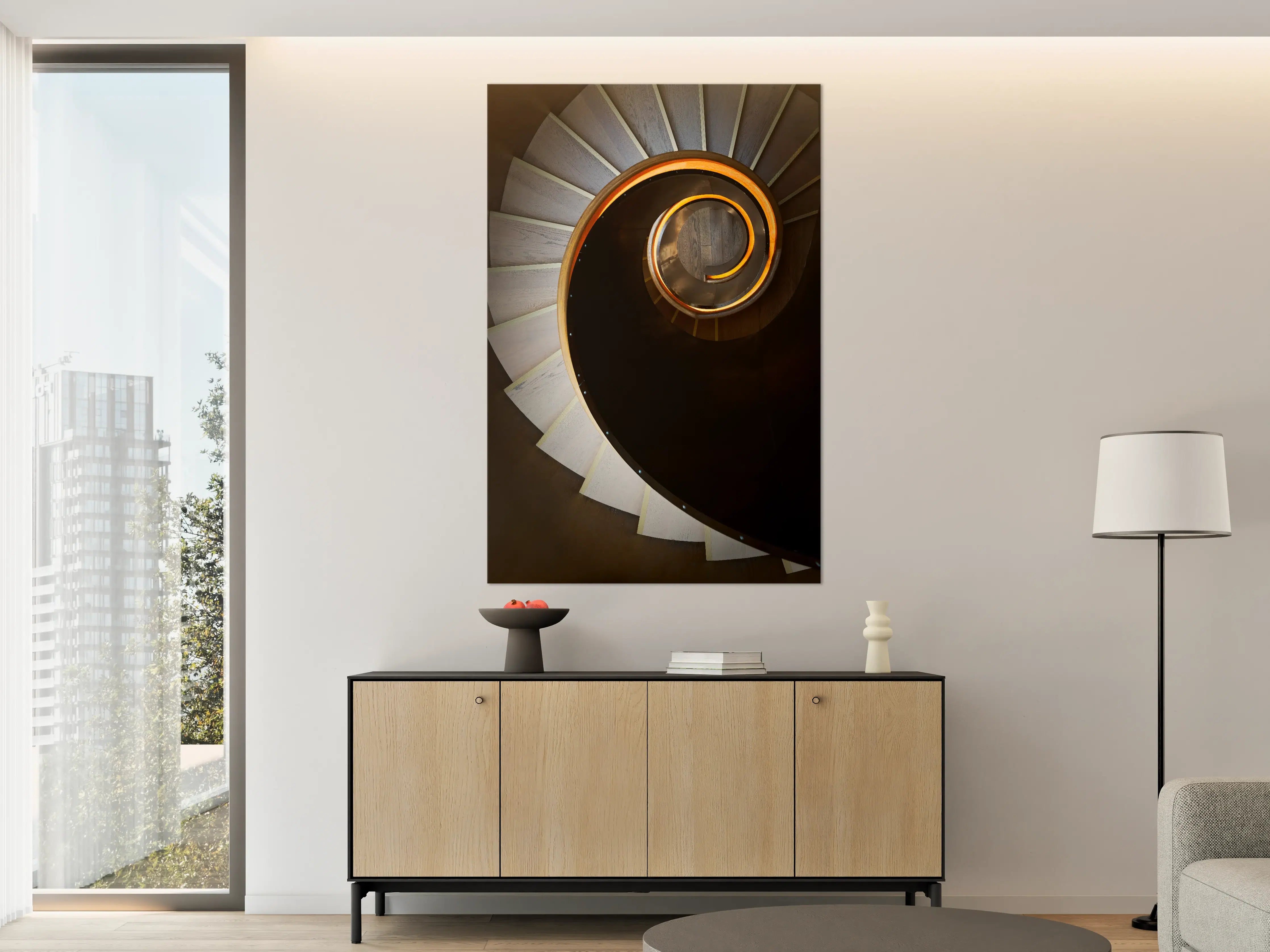 Große Wandbilder - Geometrische Spiralstufen in Orange-Schwarz