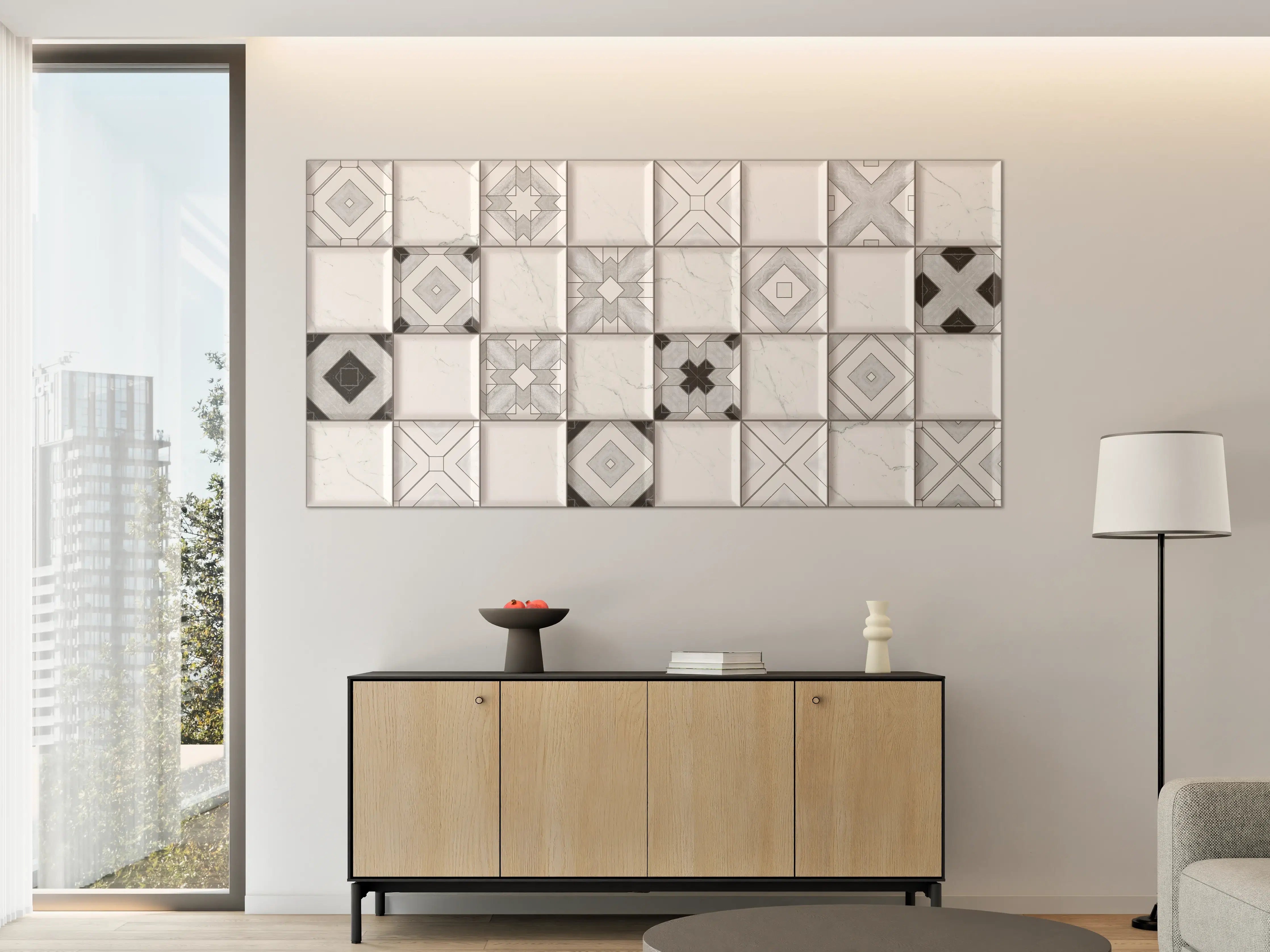 Große Wandbilder - Geometrische Weiß-Grau Wandfliesen