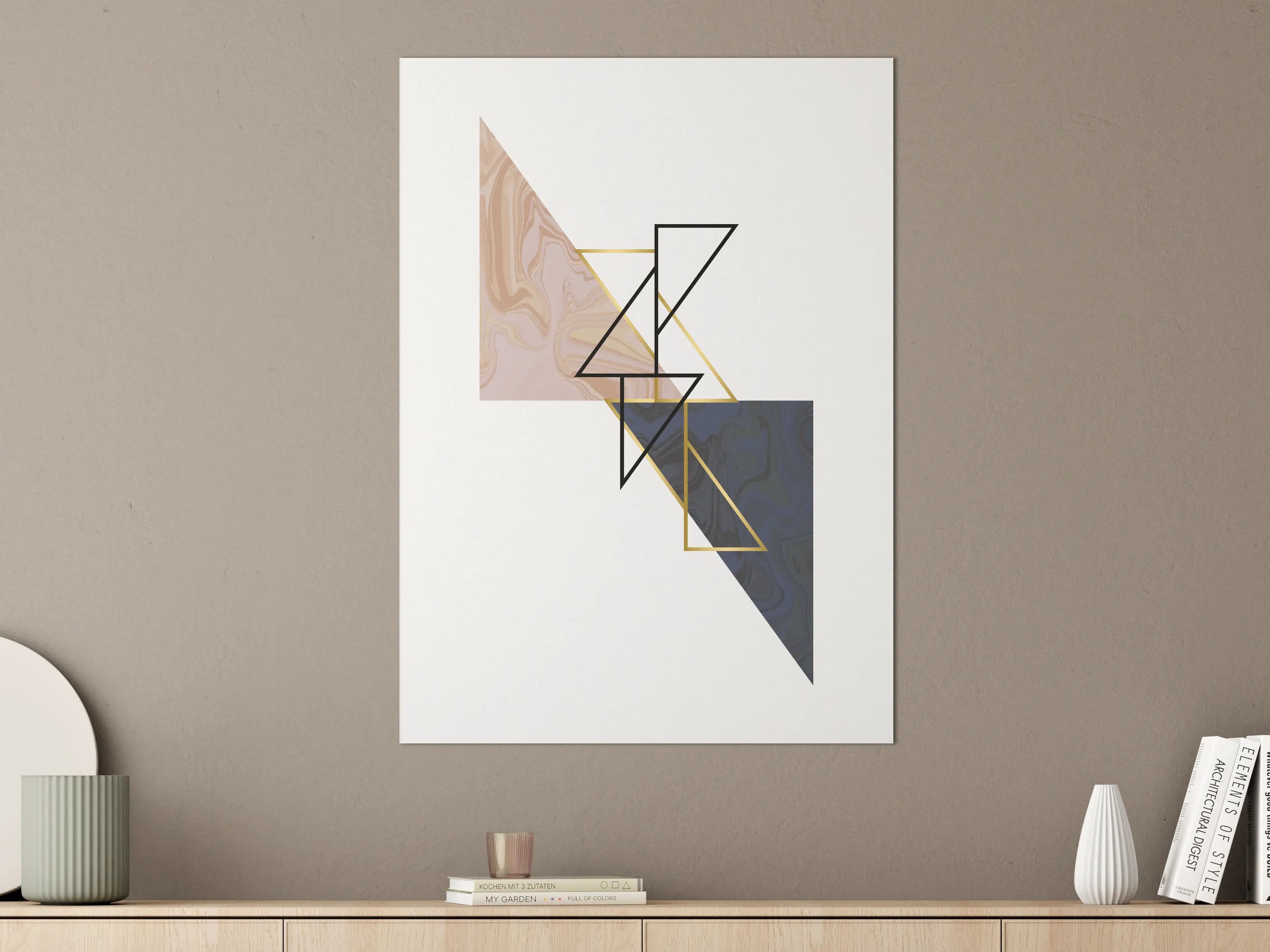 Große Wandbilder - Geometrisches Kunstwerk in Zarten Beige- und Dunkelblau-Tönen