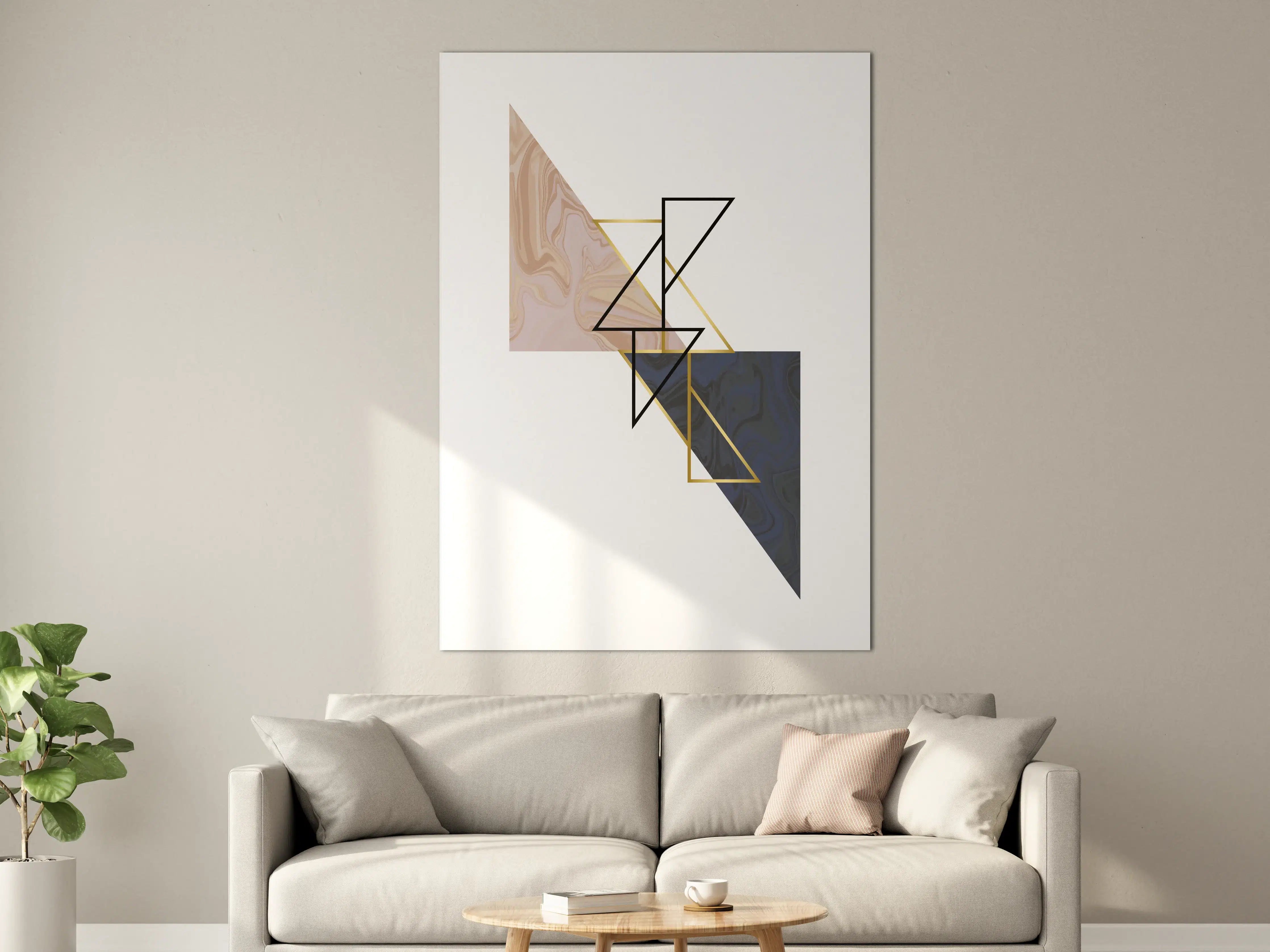 Große Wandbilder - Geometrisches Kunstwerk in Zarten Beige- und Dunkelblau-Tönen