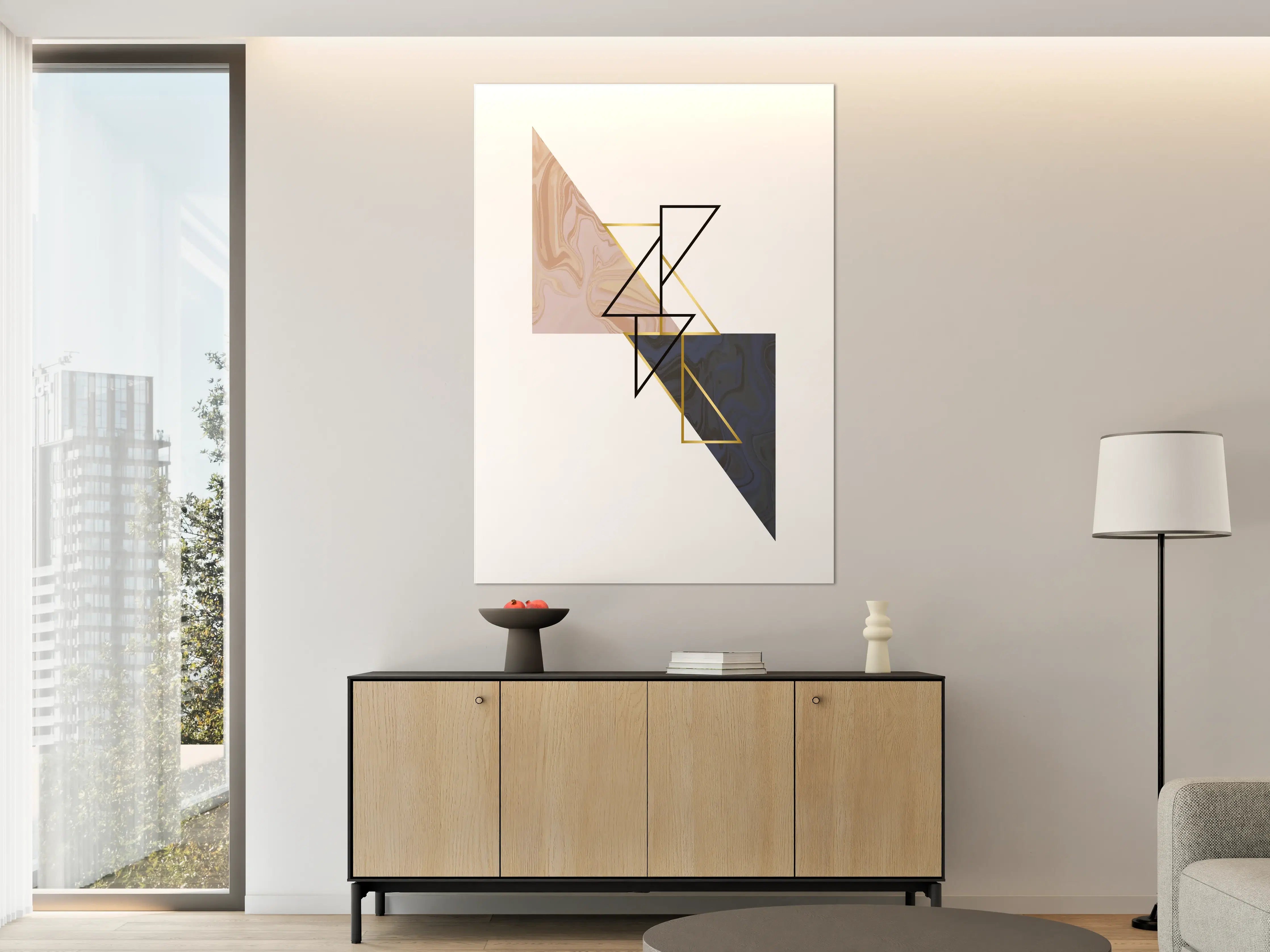 Große Wandbilder - Geometrisches Kunstwerk in Zarten Beige- und Dunkelblau-Tönen