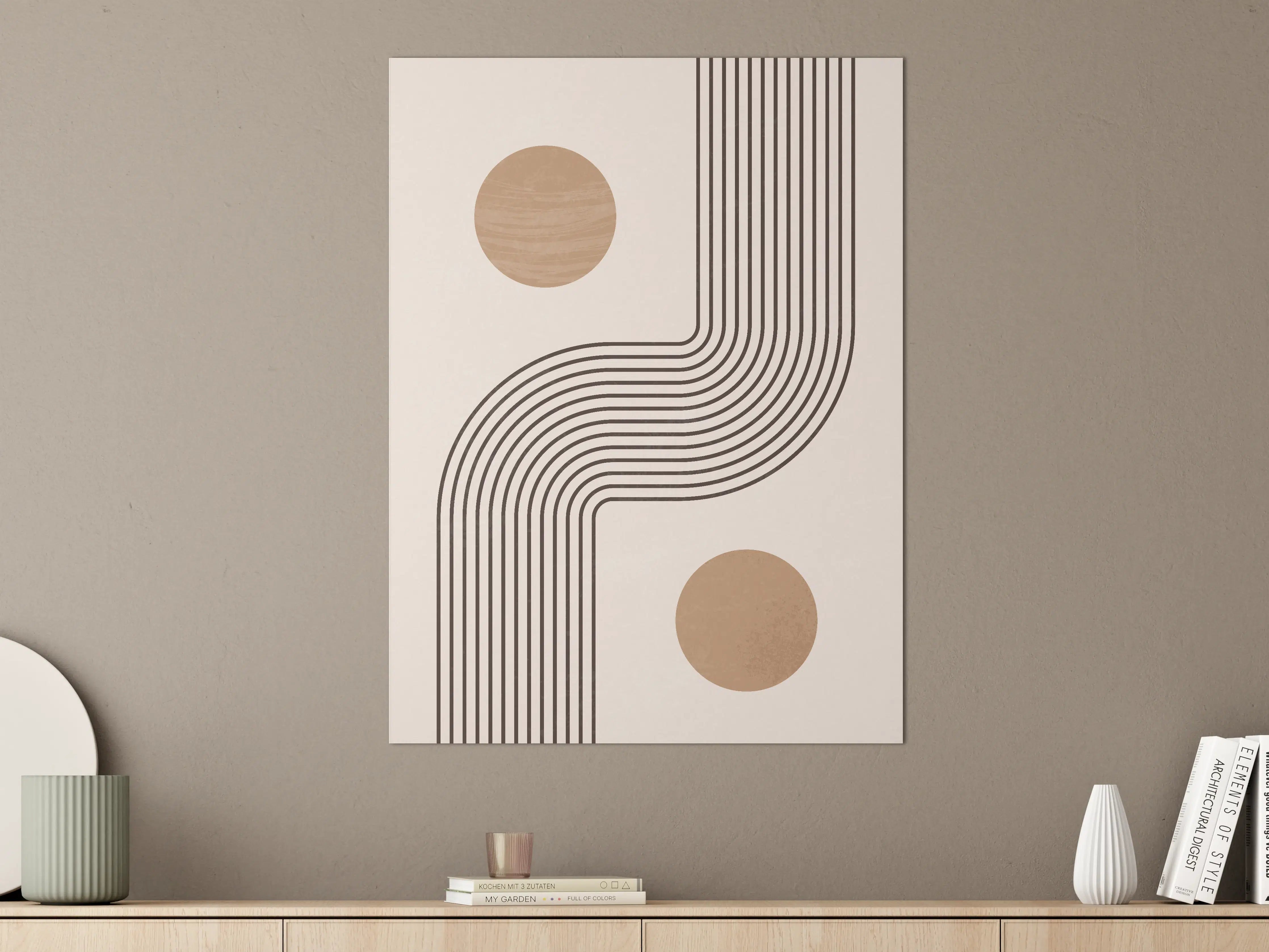 Große Wandbilder - Geometrisches Wandbild mit Linien und Kreisen in Beige und Braun
