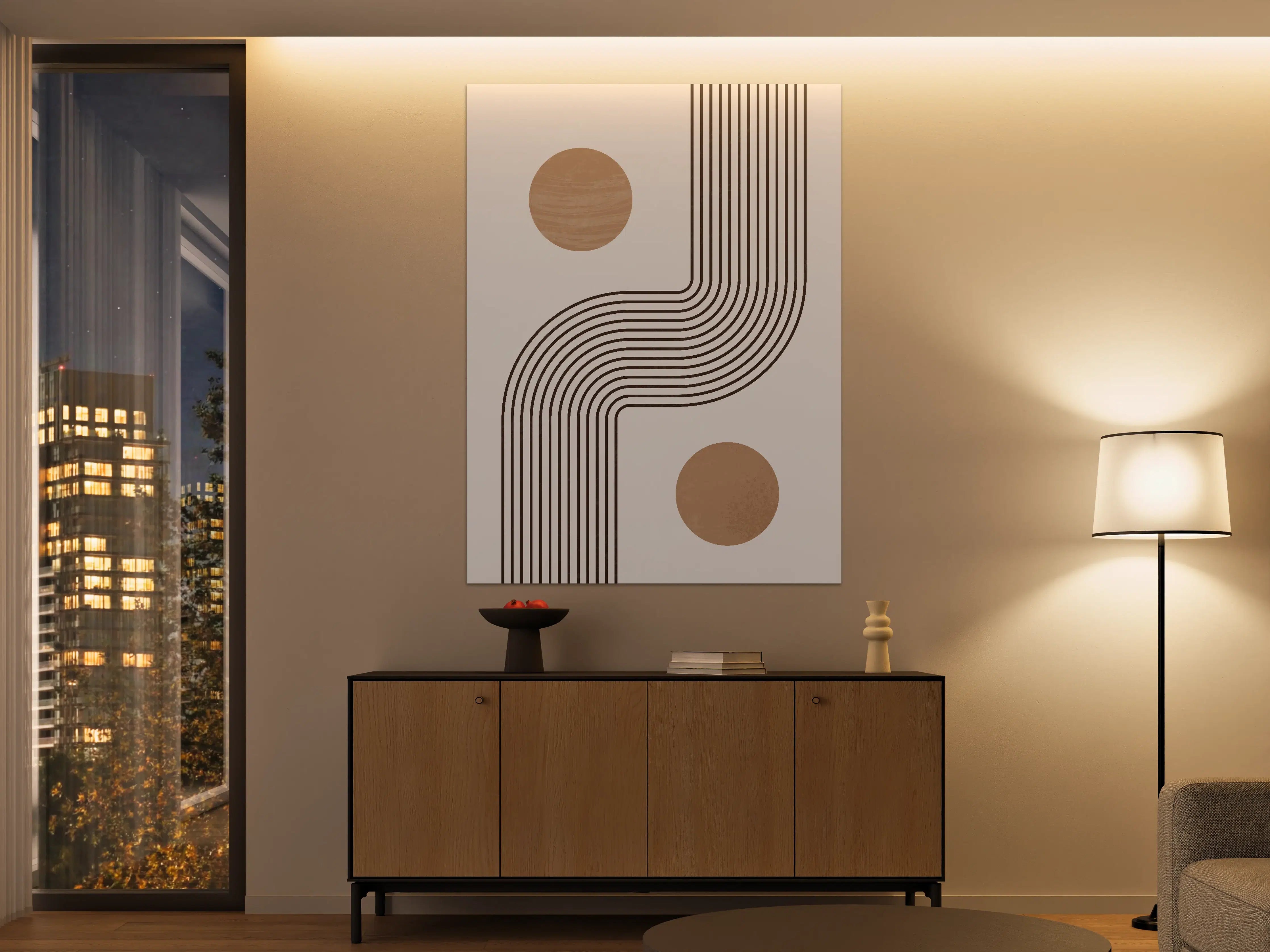 Große Wandbilder - Geometrisches Wandbild mit Linien und Kreisen in Beige und Braun
