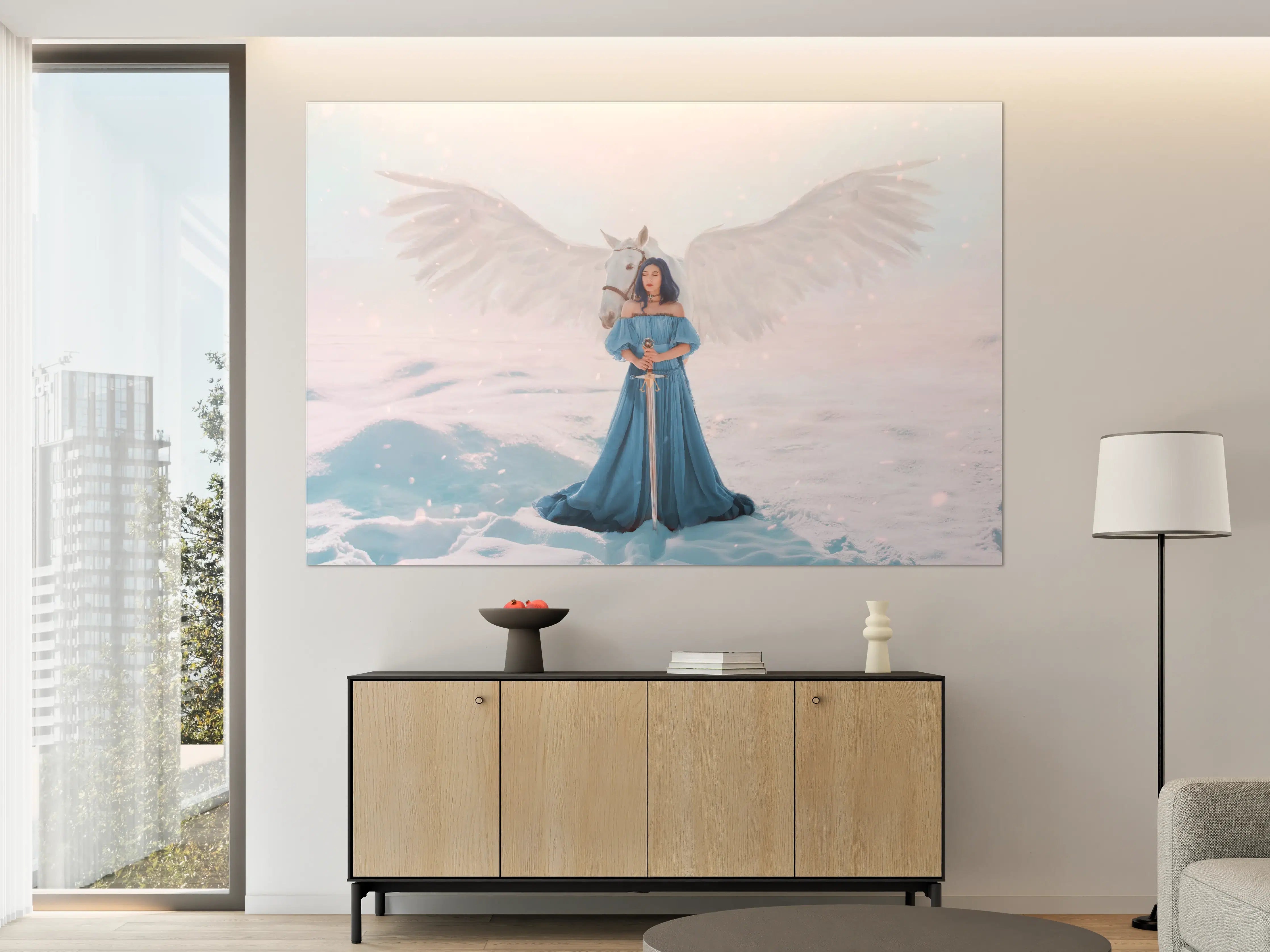 Große Wandbilder - Göttin des Friedens & Gerechtigkeit mit weißem Pegasus