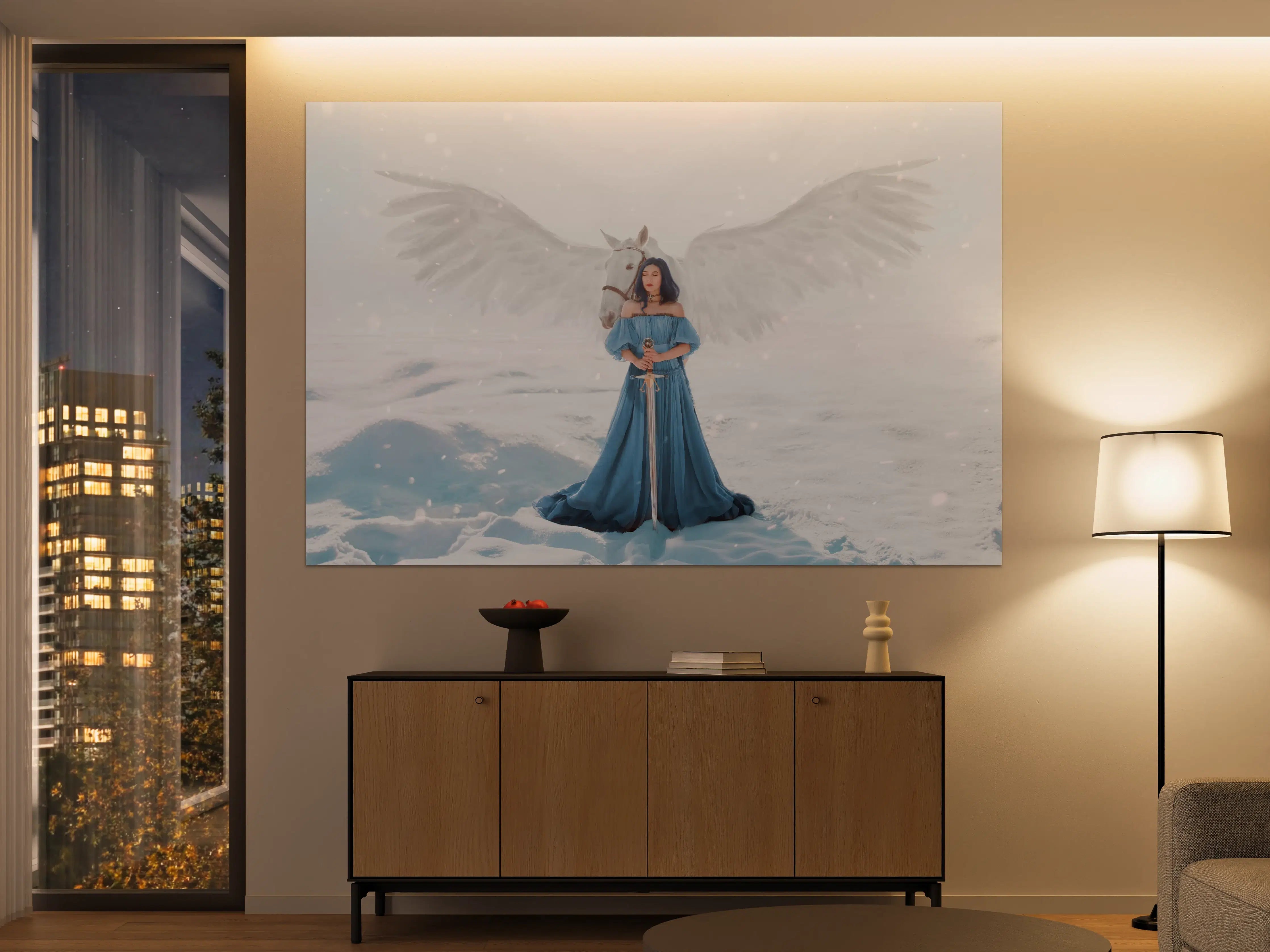 Große Wandbilder - Göttin des Friedens & Gerechtigkeit mit weißem Pegasus