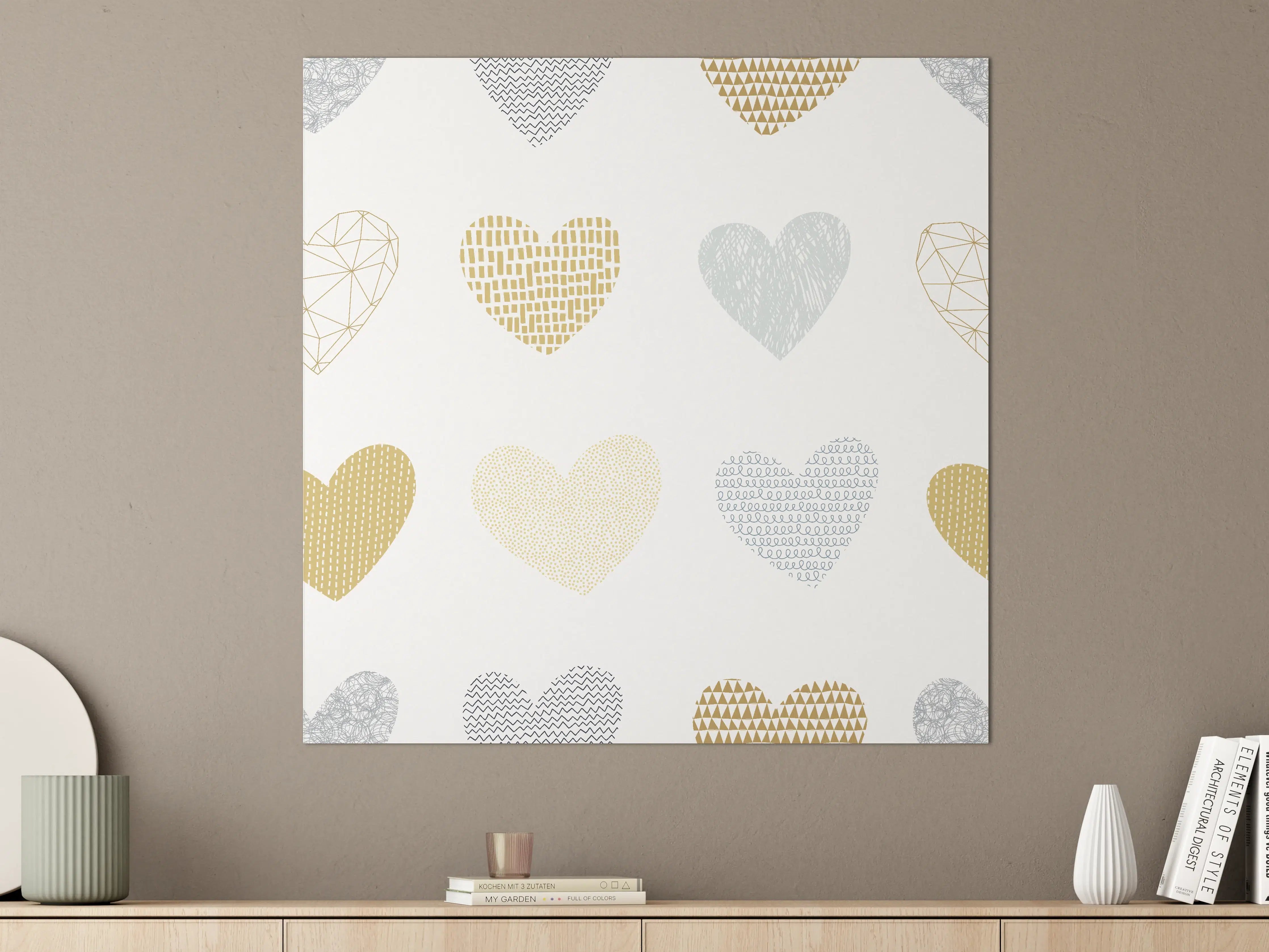 Große Wandbilder - Gold-Grau Herz-Muster Design