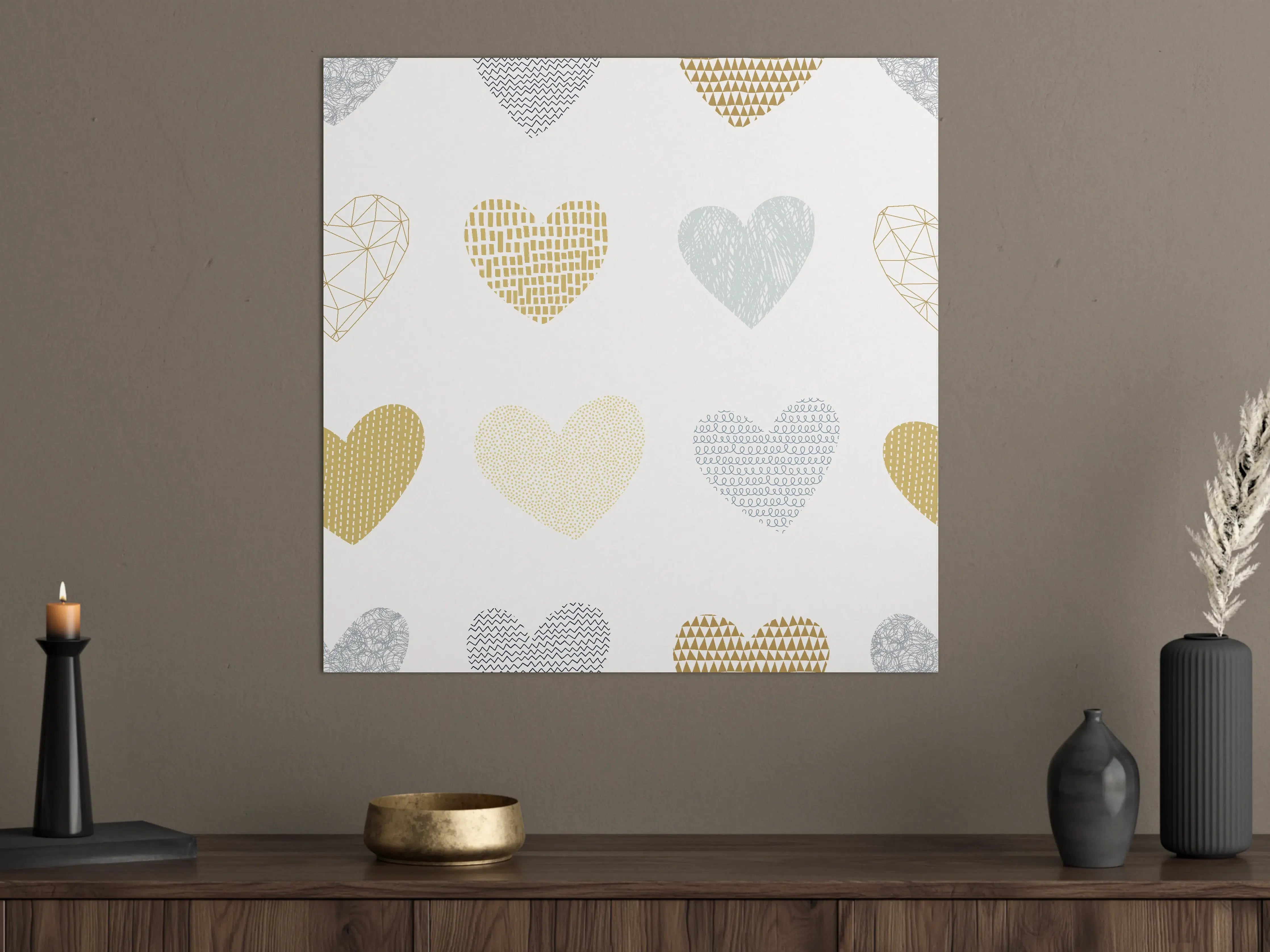 Große Wandbilder - Gold-Grau Herz-Muster Design