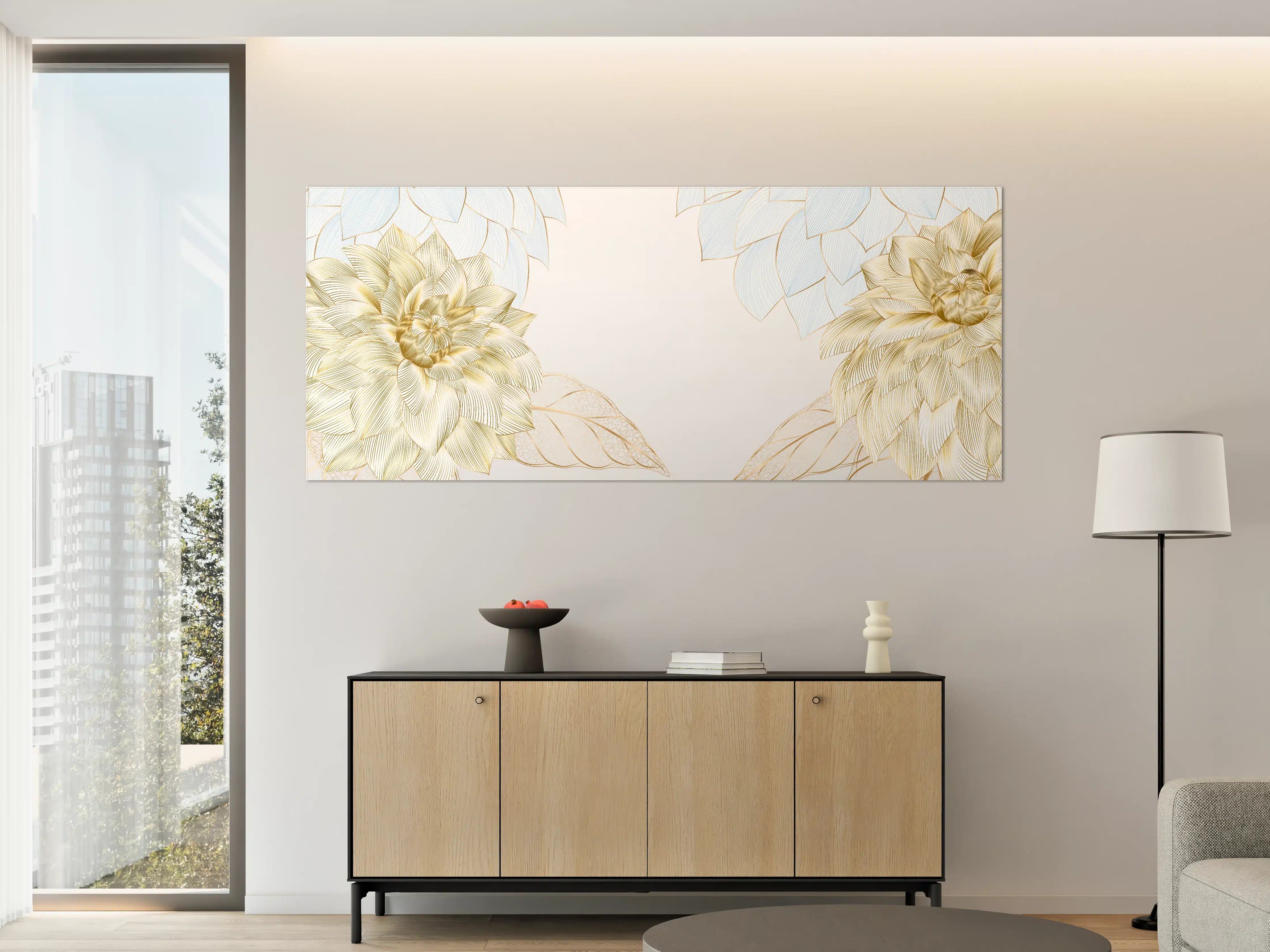 Große Wandbilder - Gold-Weiß Floral Design