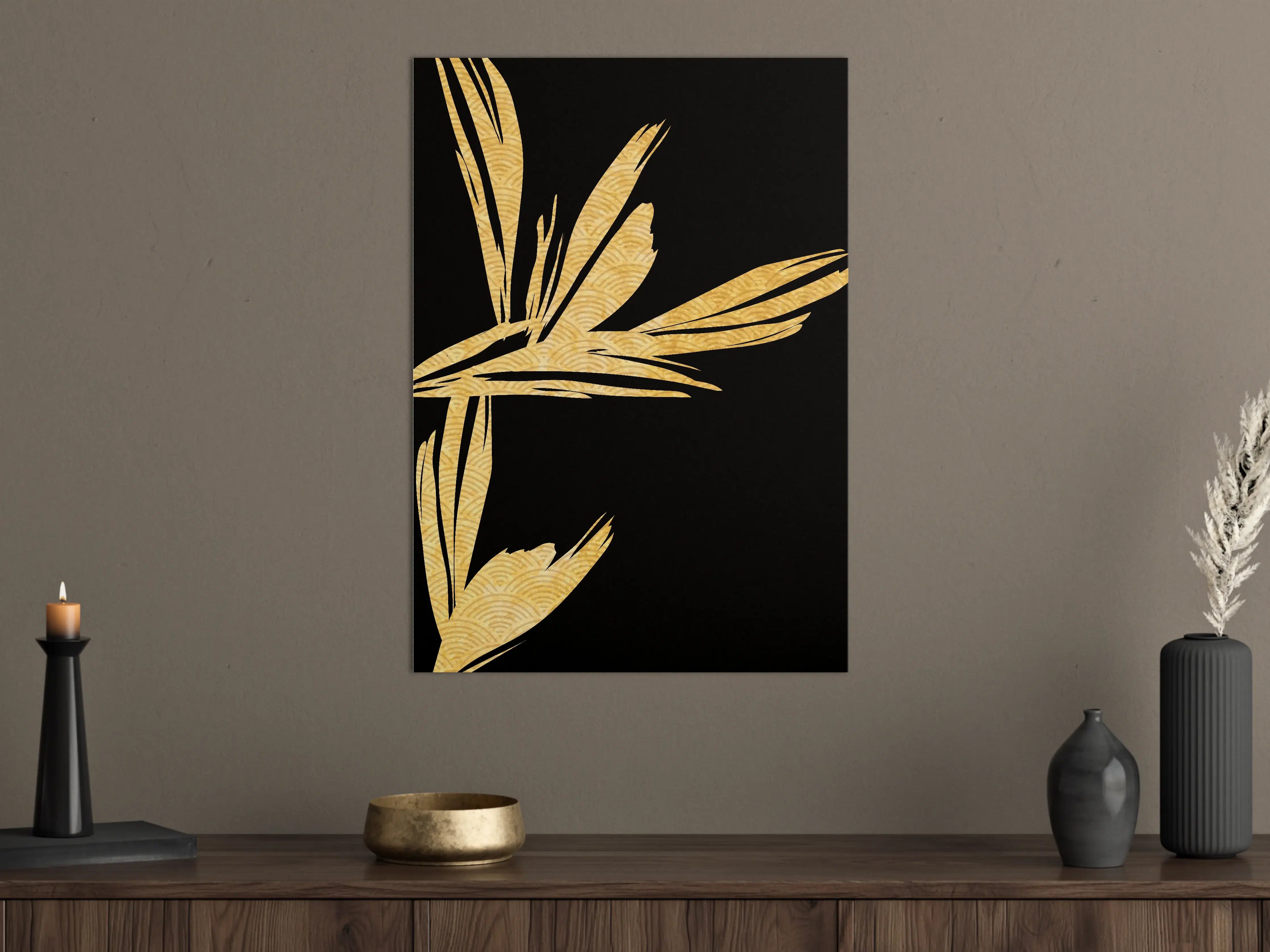 Große Wandbilder - Goldene Bambusblätter auf schwarzem Hintergrund
