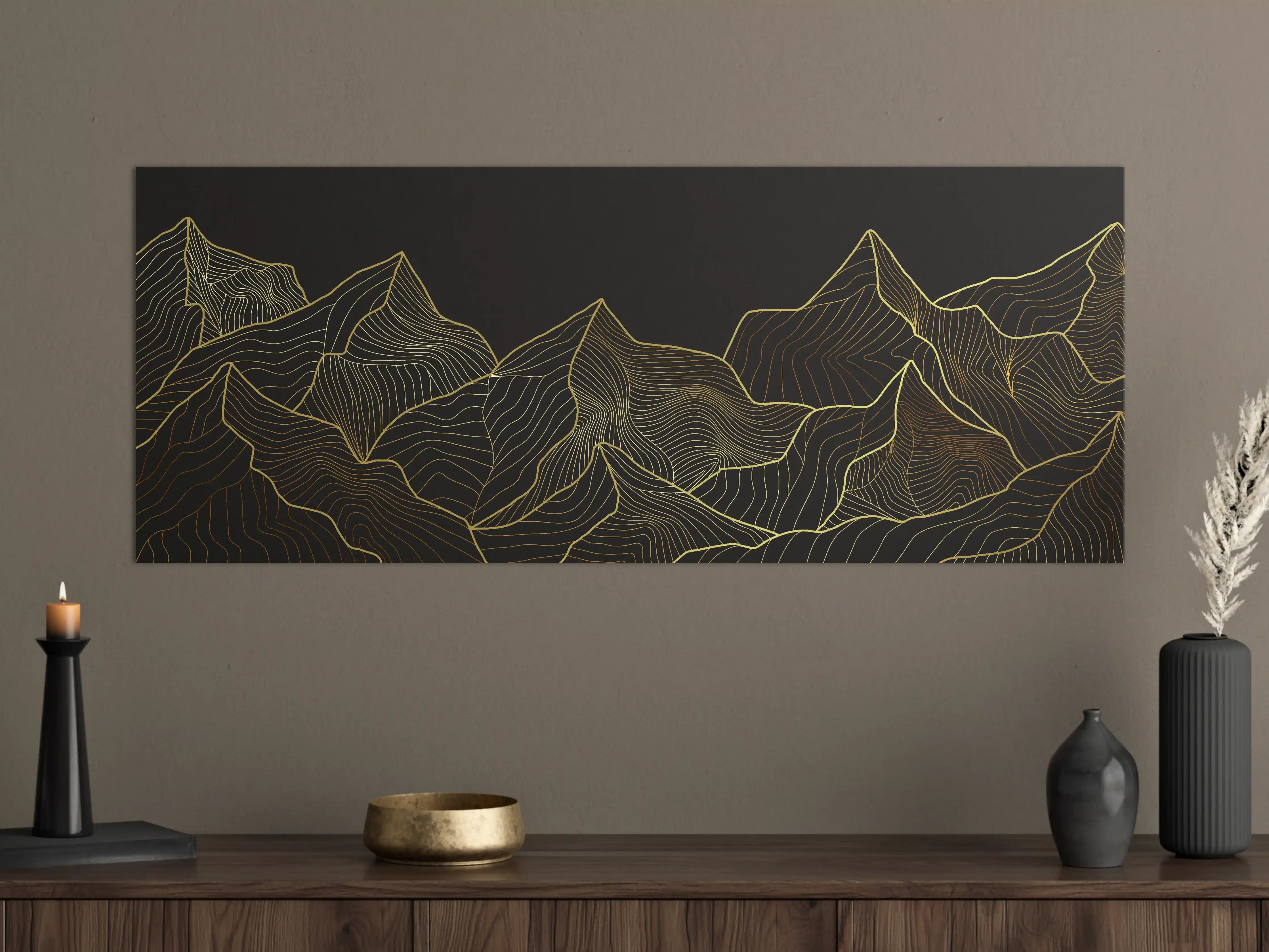 Große Wandbilder - Goldene Berglinien auf Schwarz