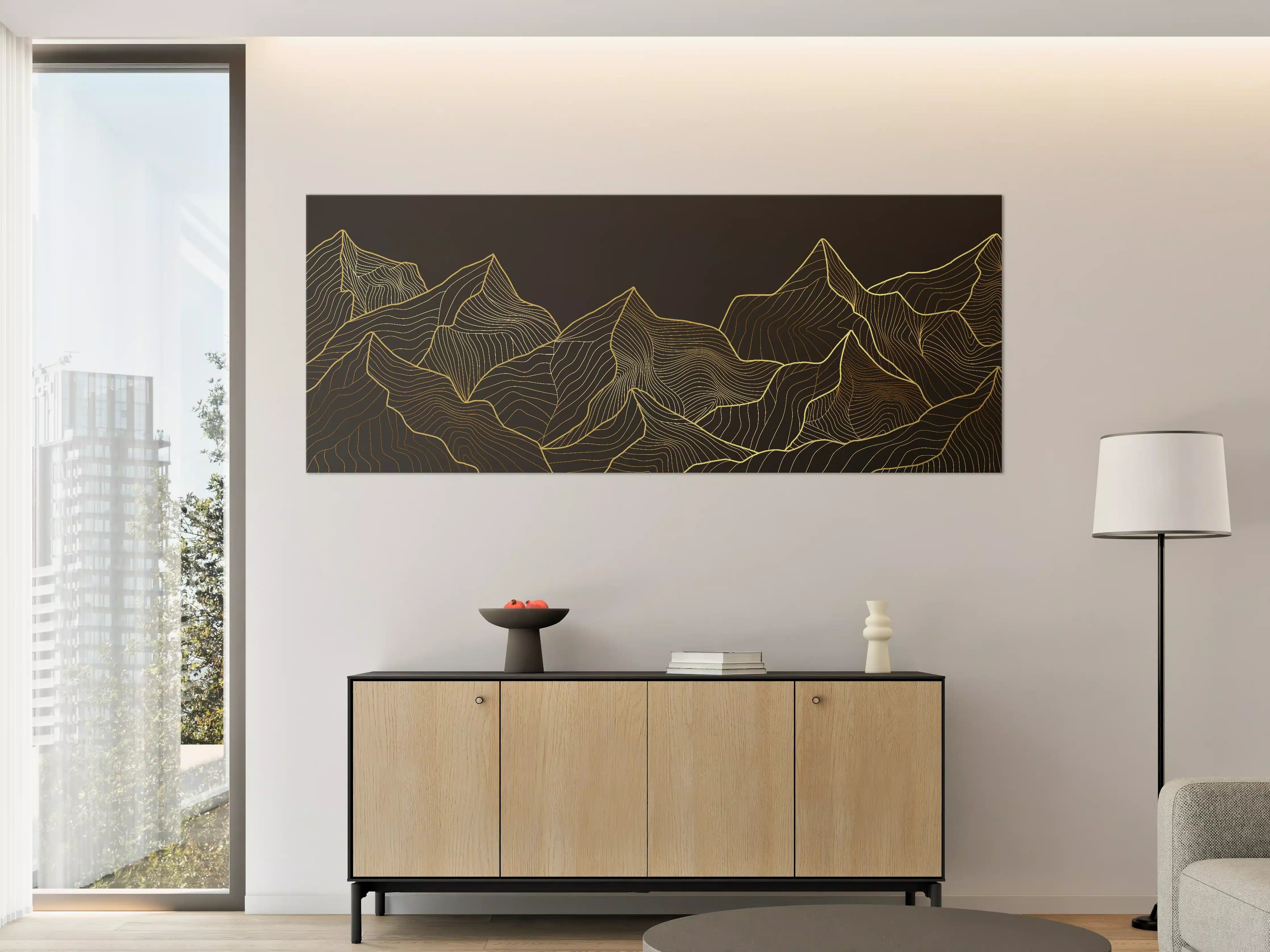 Große Wandbilder - Goldene Berglinien auf Schwarz