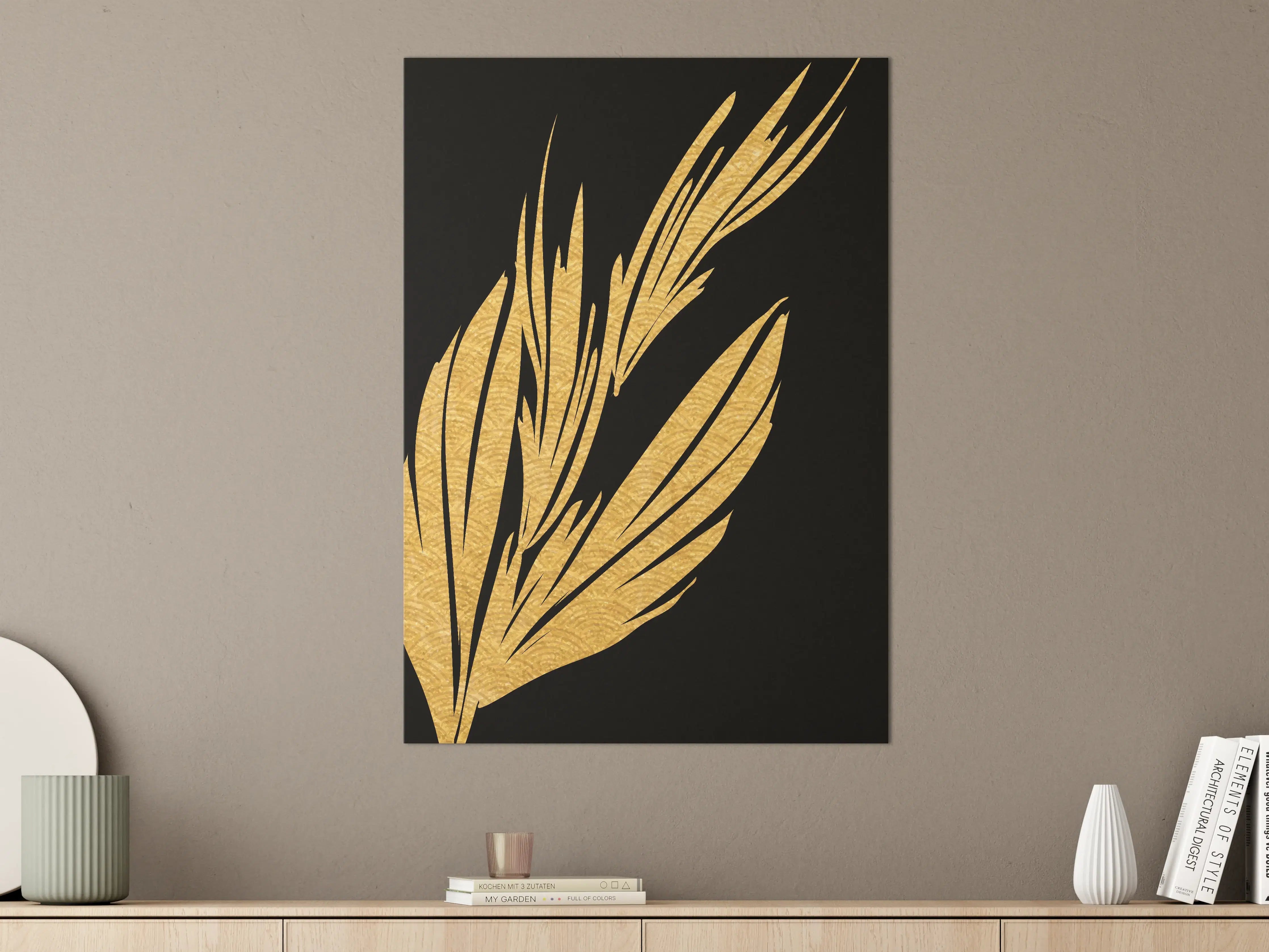 Große Wandbilder - Goldene Blätter auf schwarzem Hintergrund