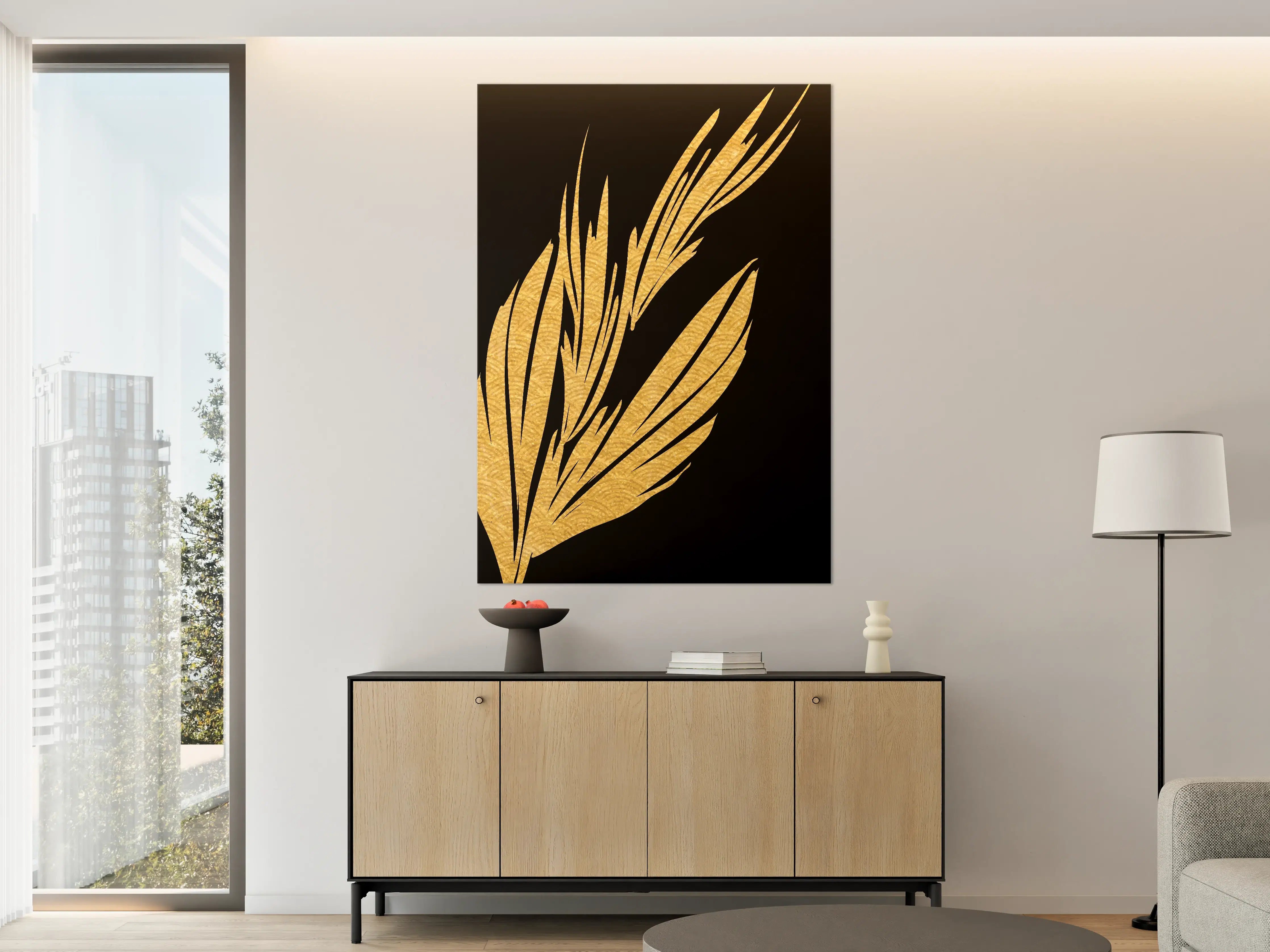 Große Wandbilder - Goldene Blätter auf schwarzem Hintergrund
