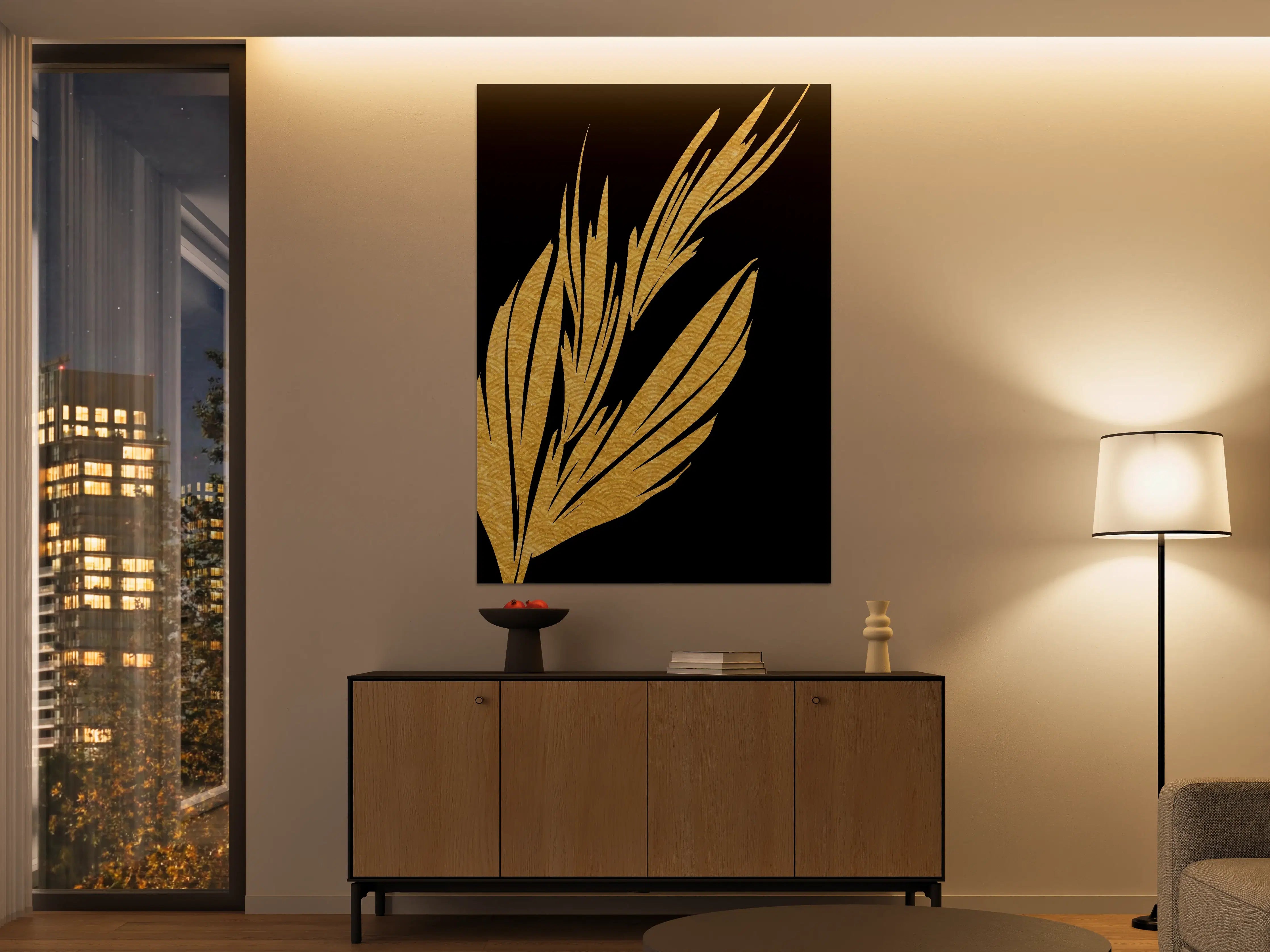 Große Wandbilder - Goldene Blätter auf schwarzem Hintergrund