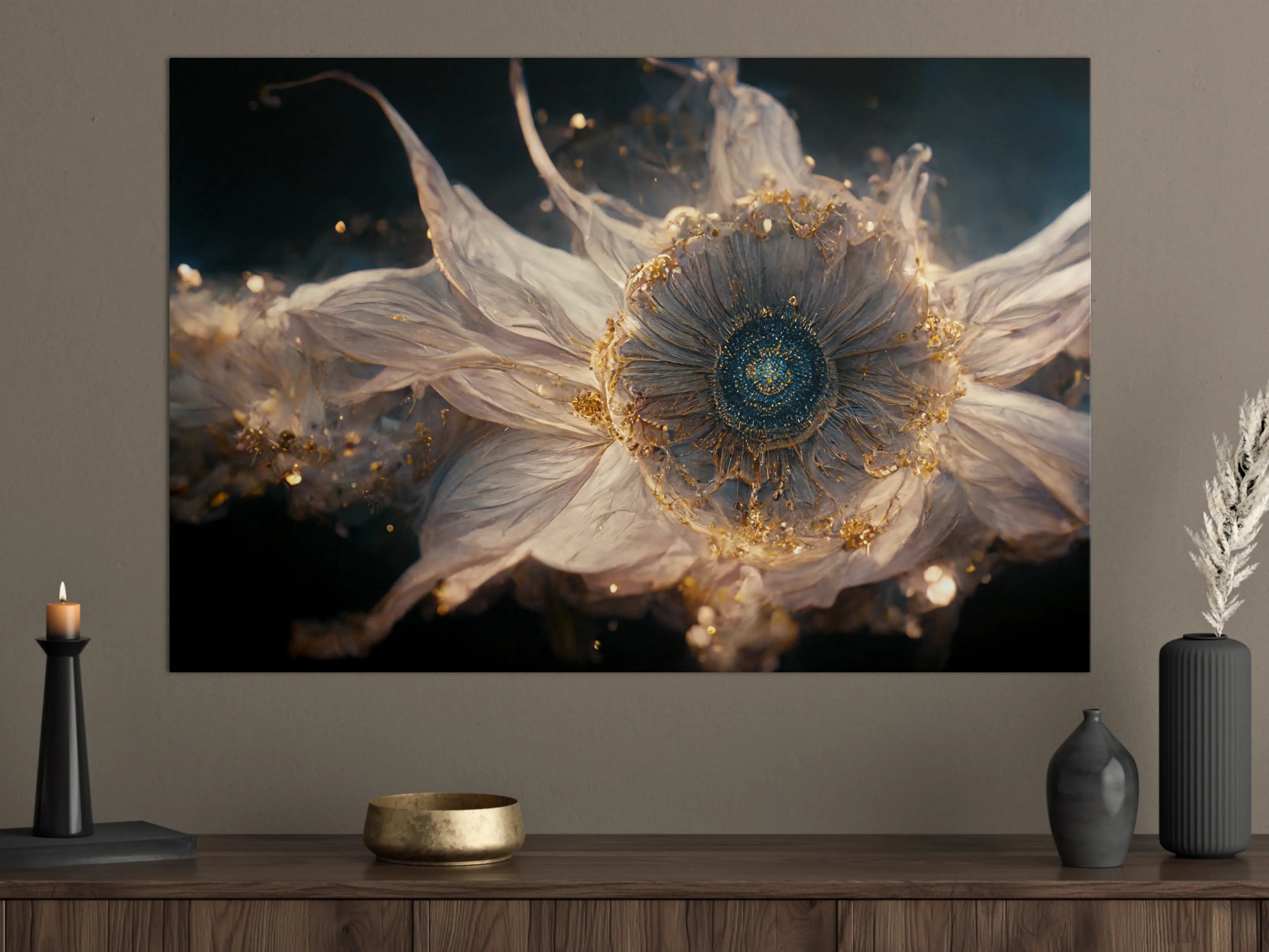Große Wandbilder - Goldene Blüten in Grauweiß