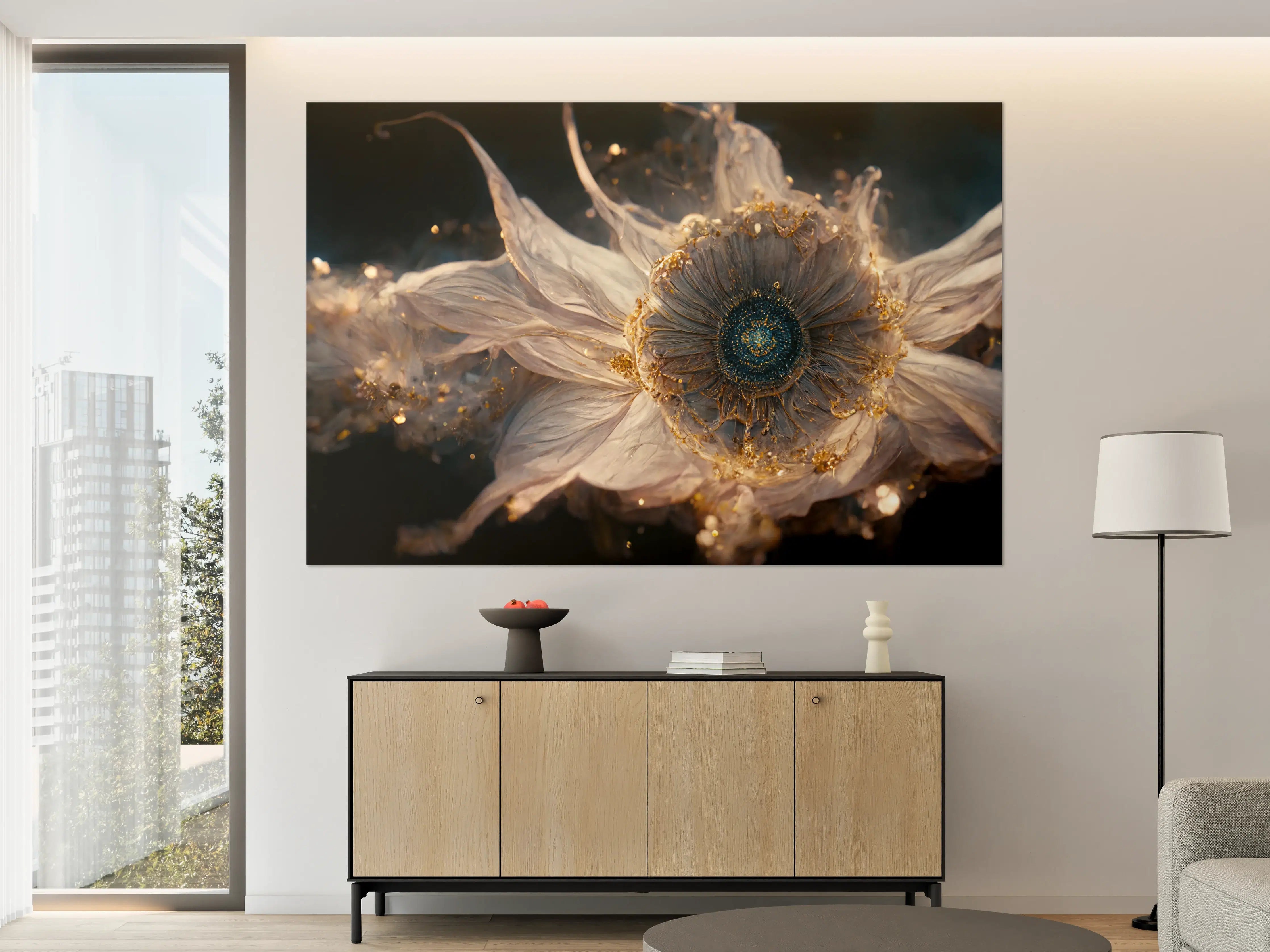 Große Wandbilder - Goldene Blüten in Grauweiß