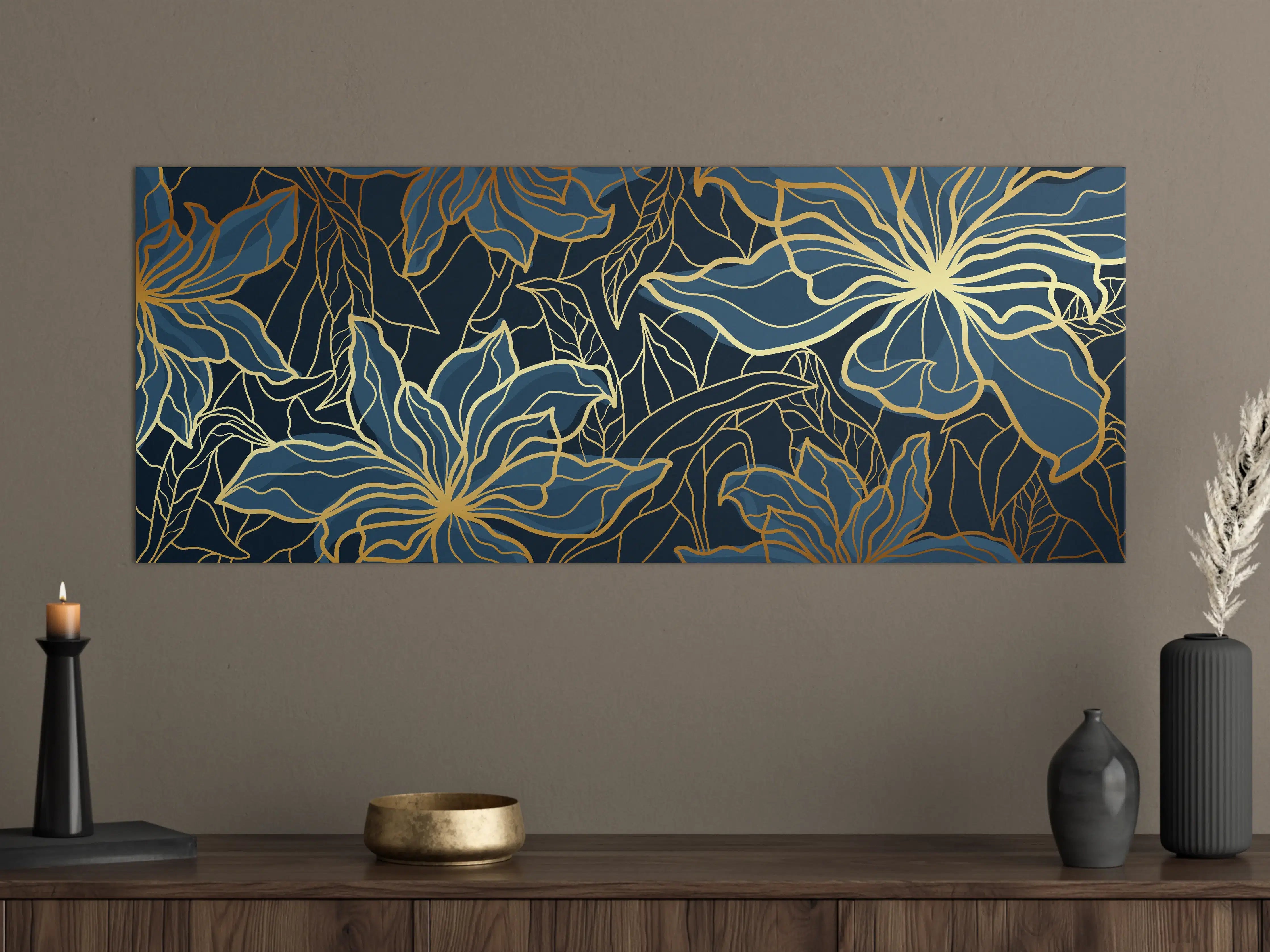 Große Wandbilder - Goldene Blumenranken auf Dunkelblau