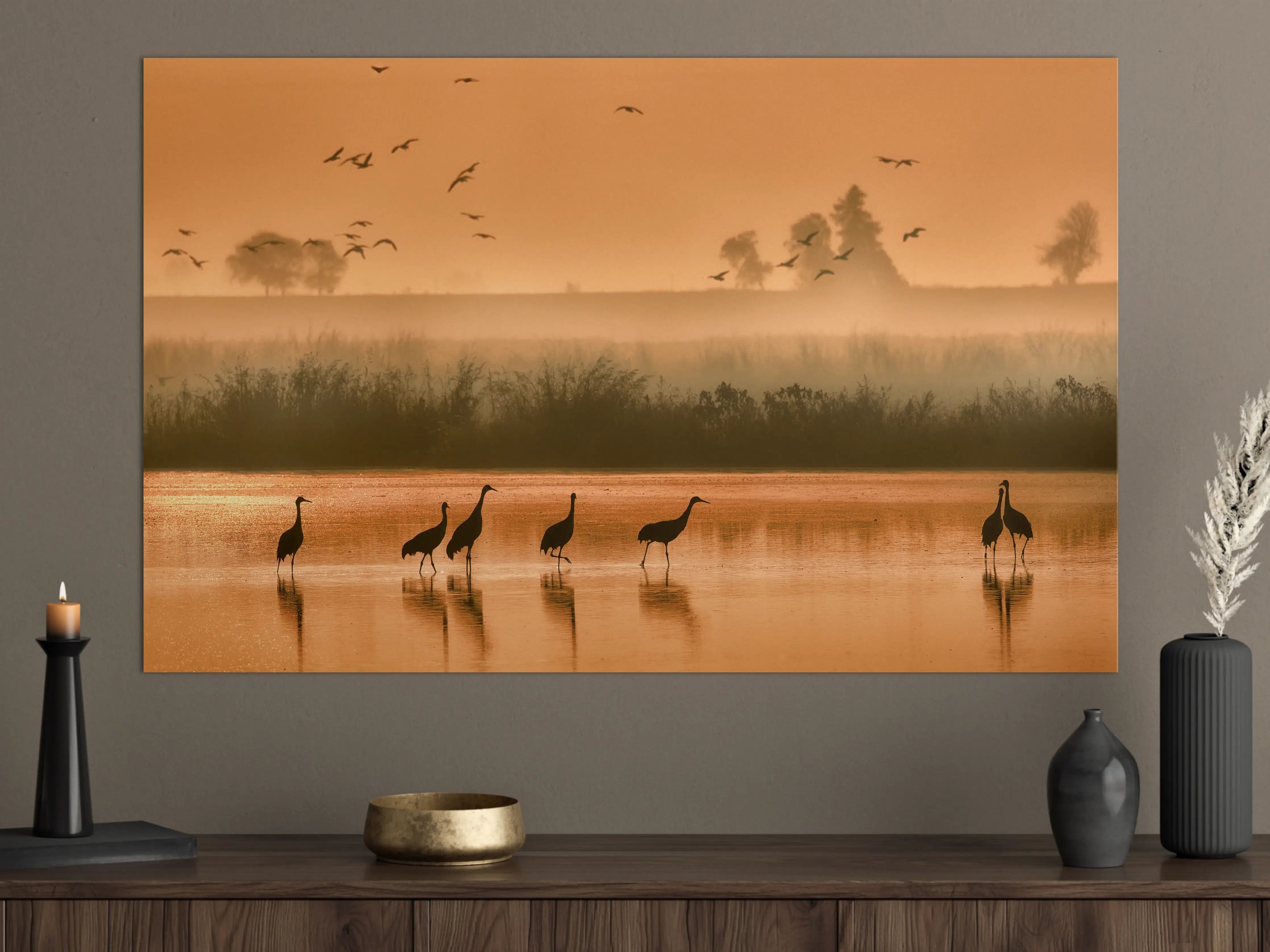 Große Wandbilder - Goldene Dämmerung am Fluss mit Zugvögeln